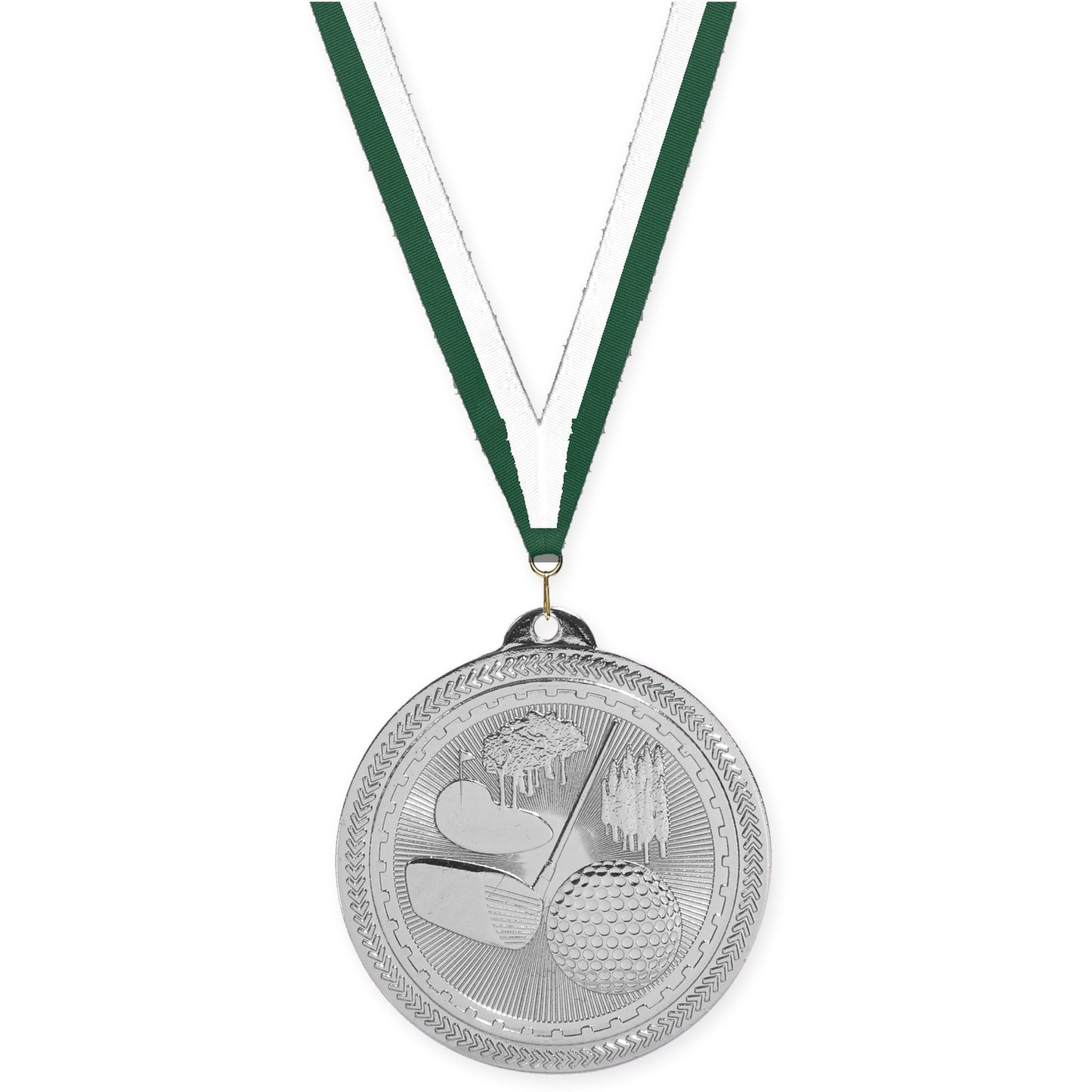 2 inch golf Sunburst medal in bright silver with Hunter Green White neck ribbon
