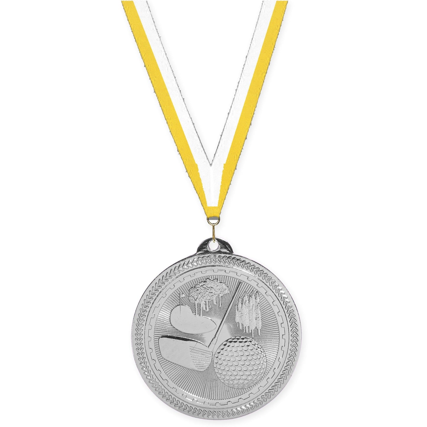 2 inch golf Sunburst medal in bright silver with Yellow White neck ribbon