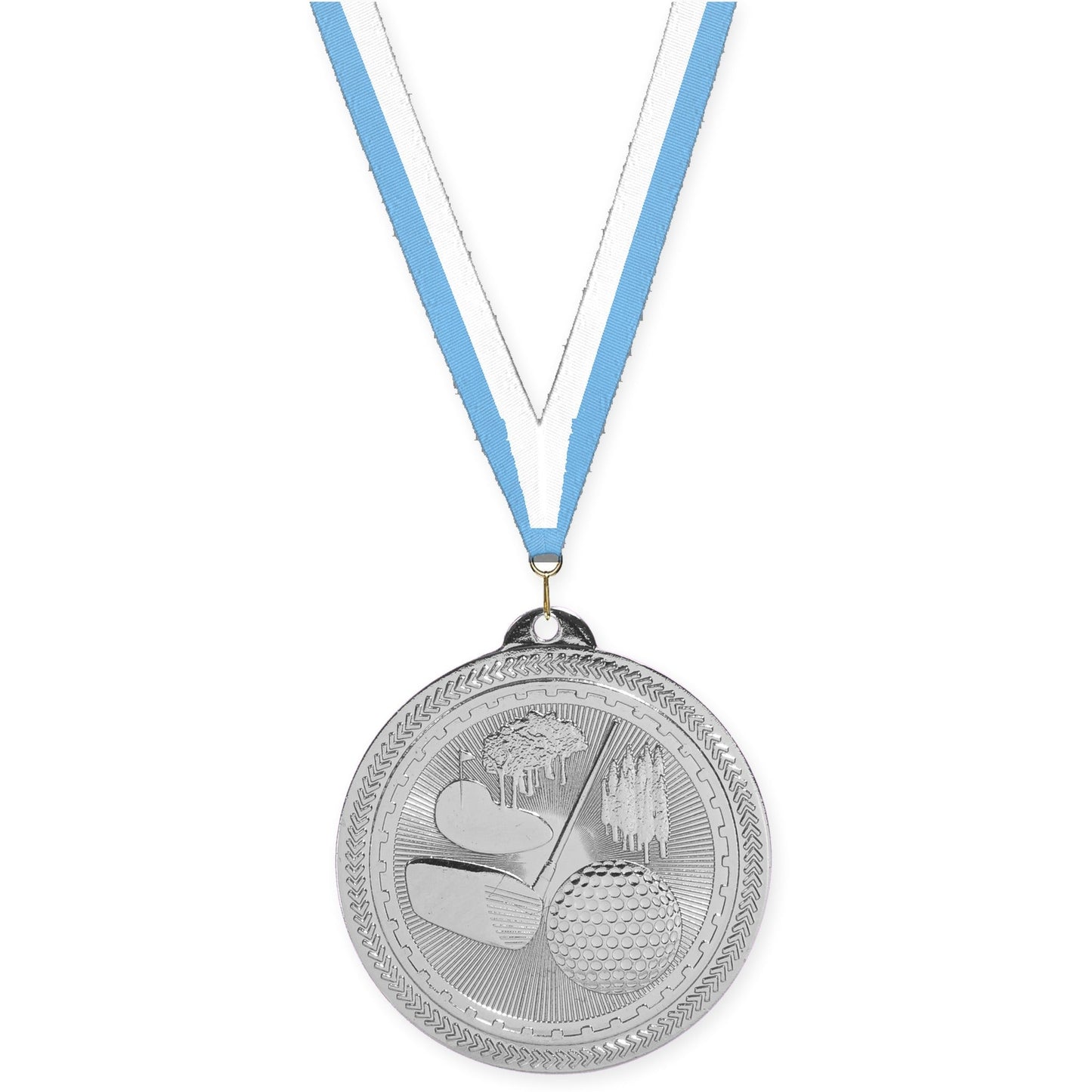 2 inch golf Sunburst medal in bright silver with Light Blue White neck ribbon