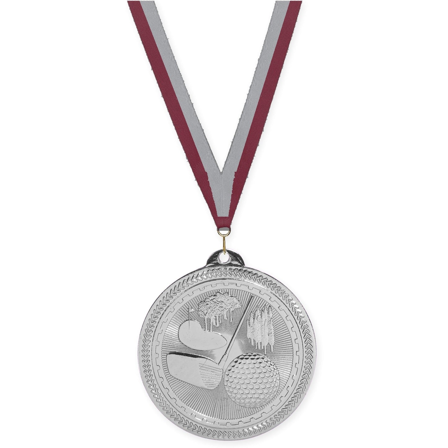 2 inch golf Sunburst medal in bright silver with Maroon Gray neck ribbon