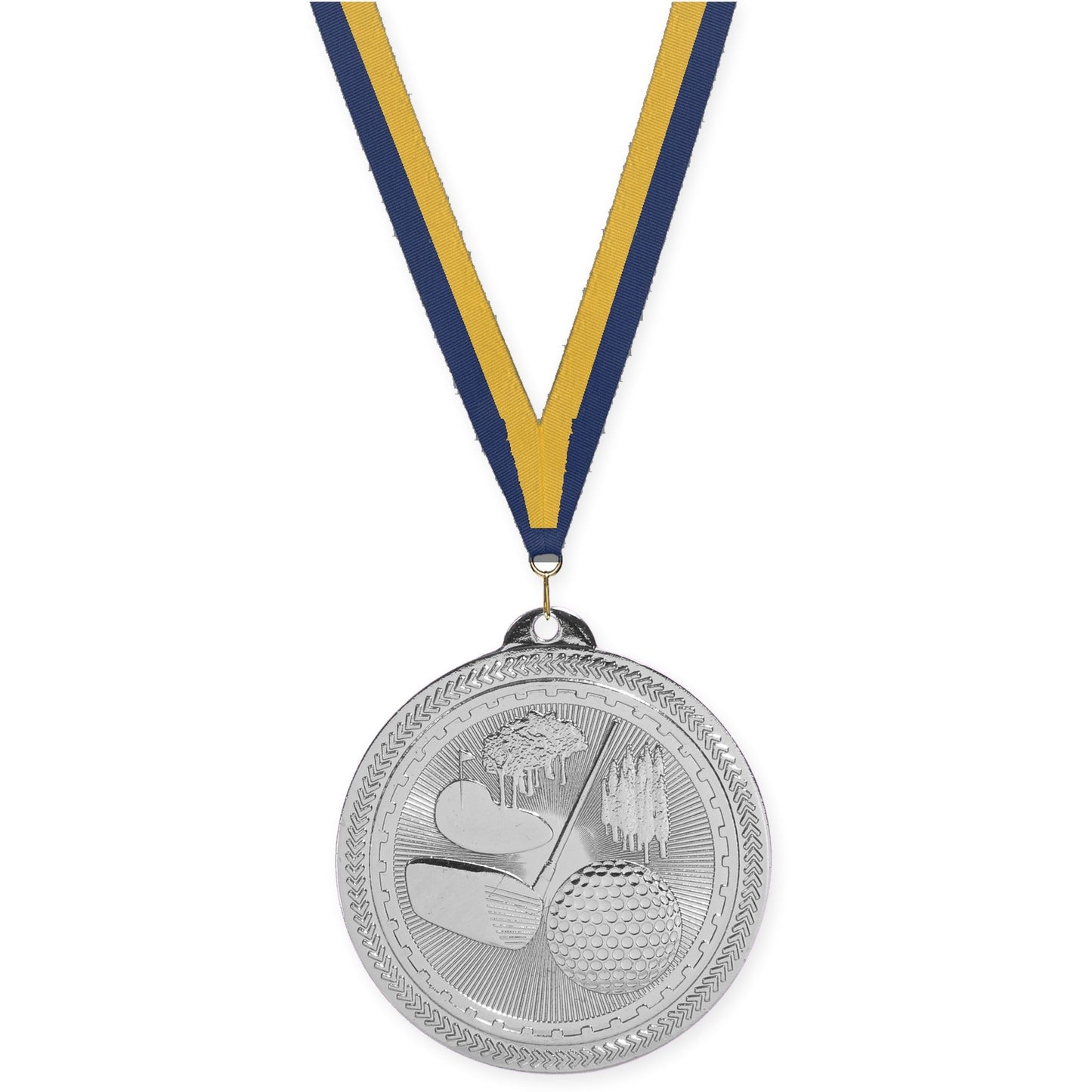 2 inch golf Sunburst medal in bright silver with Navy Gold neck ribbon