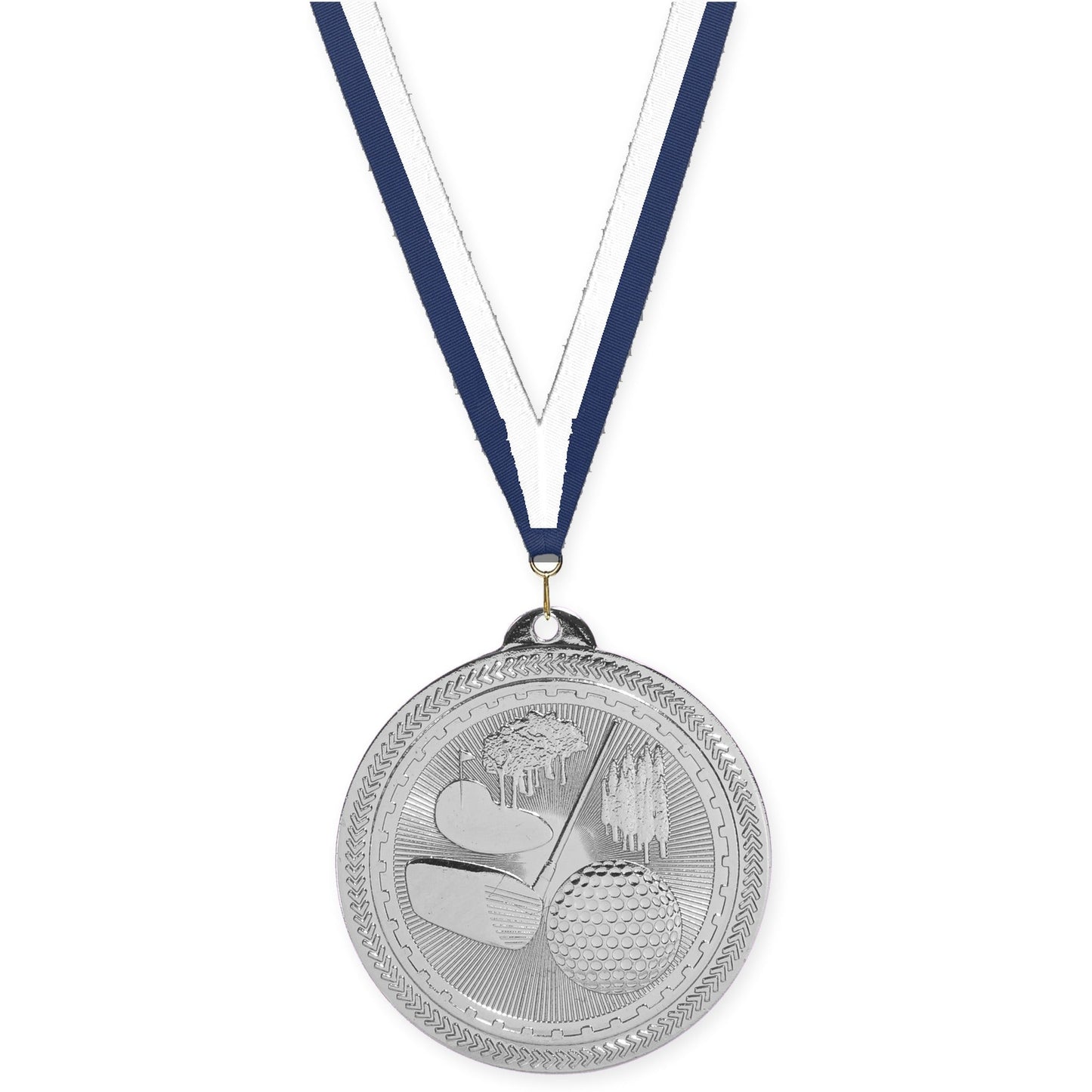 2 inch golf Sunburst medal in bright silver with Navy White neck ribbon