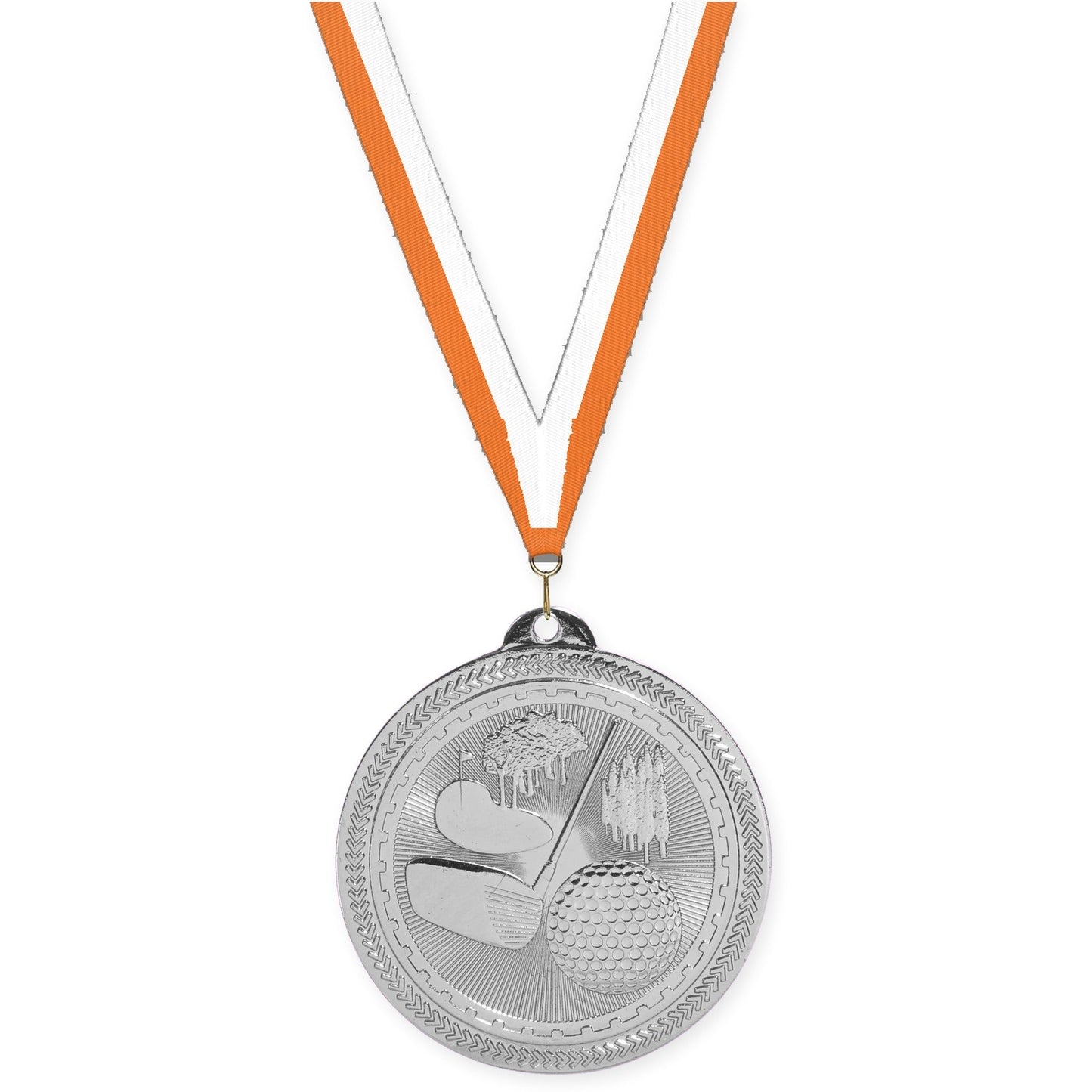 2 inch golf Sunburst medal in bright silver with Orange White neck ribbon