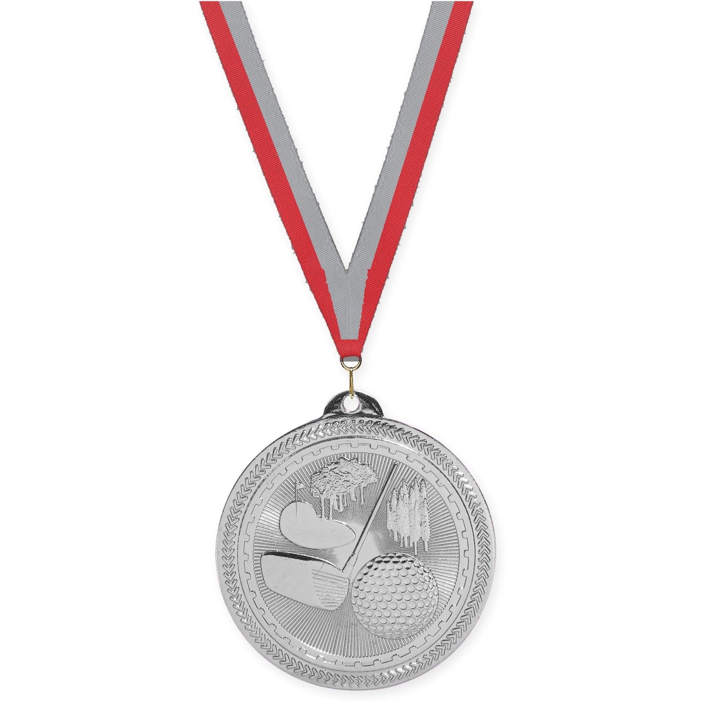 2 inch golf Sunburst medal in bright silver with Red Gray neck ribbon