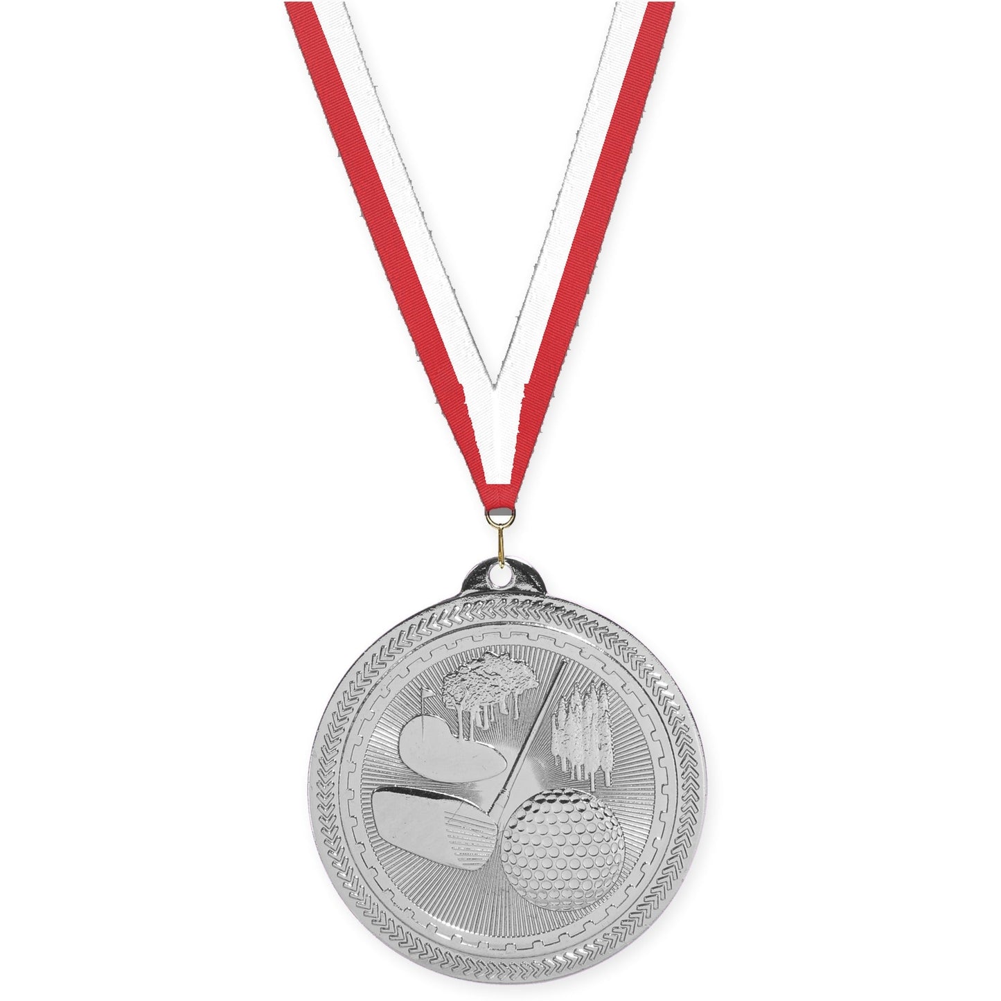 2 inch golf Sunburst medal in bright silver with Red White neck ribbon