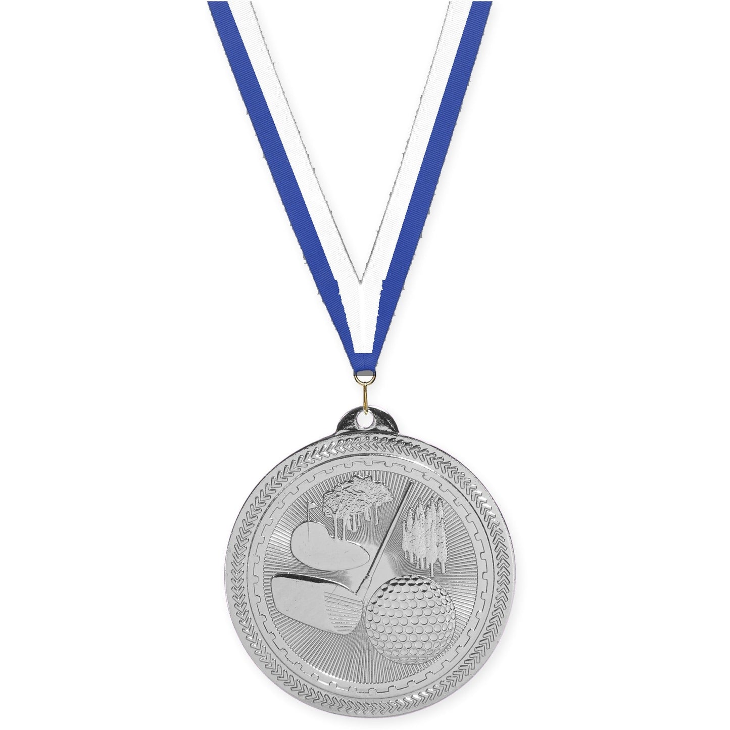 2 inch golf Sunburst medal in bright silver with Blue White neck ribbon