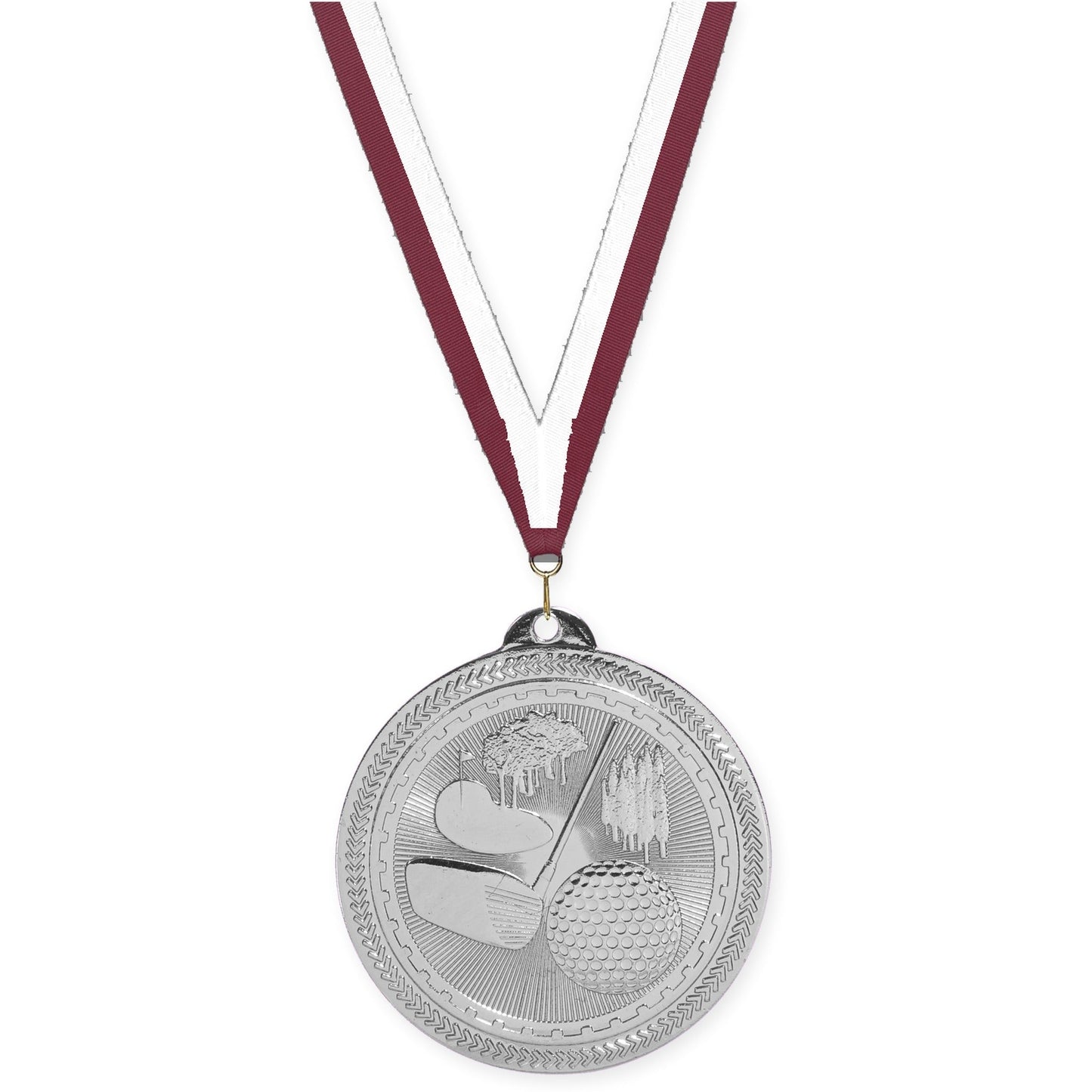 2 inch golf Sunburst medal in bright silver with Maroon White neck ribbon