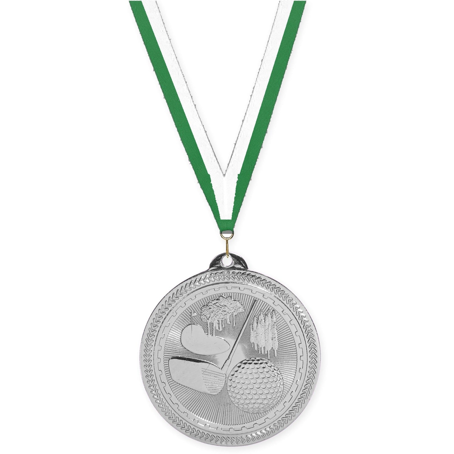 2 inch golf Sunburst medal in bright silver with Green White neck ribbon