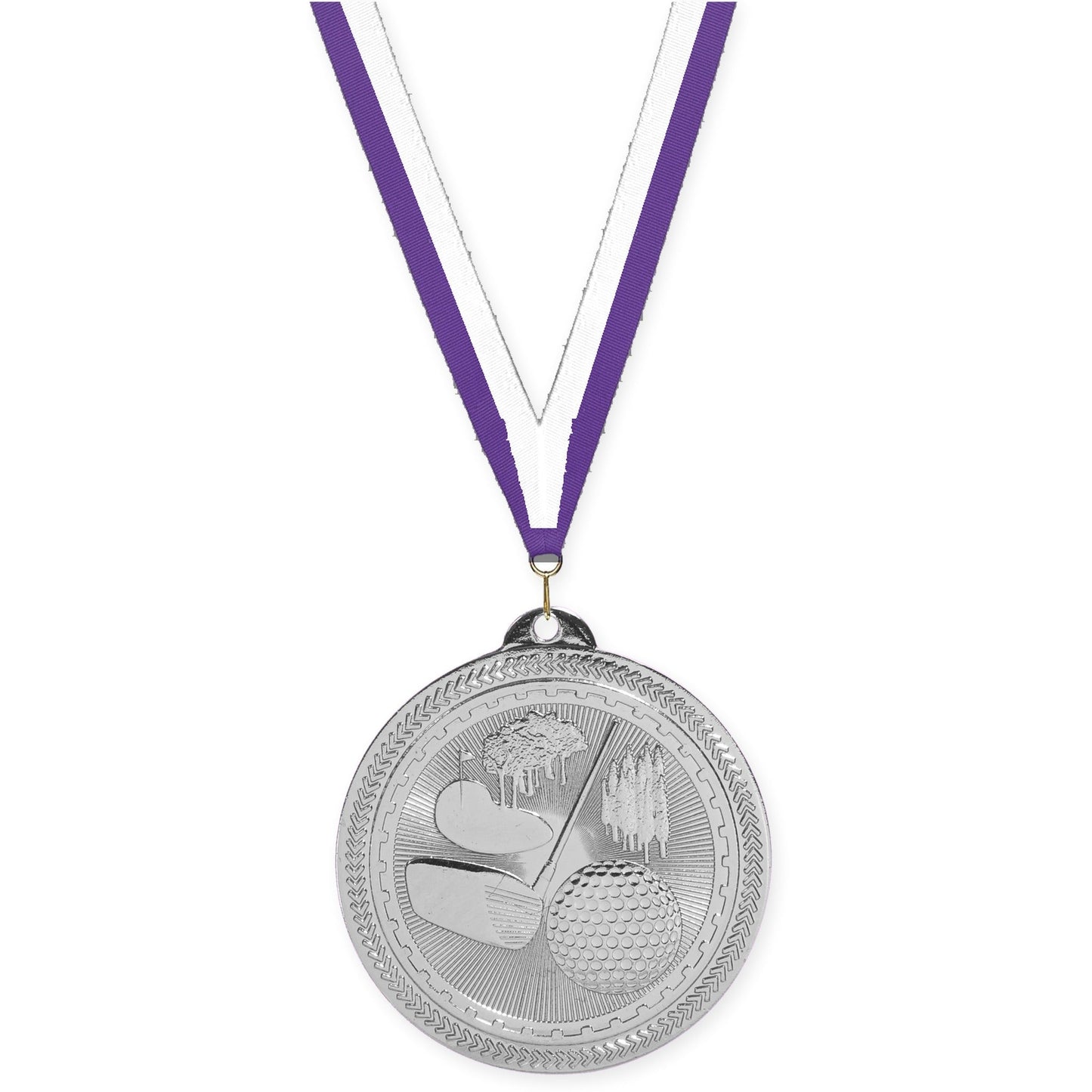 2 inch golf Sunburst medal in bright silver with Purple White neck ribbon