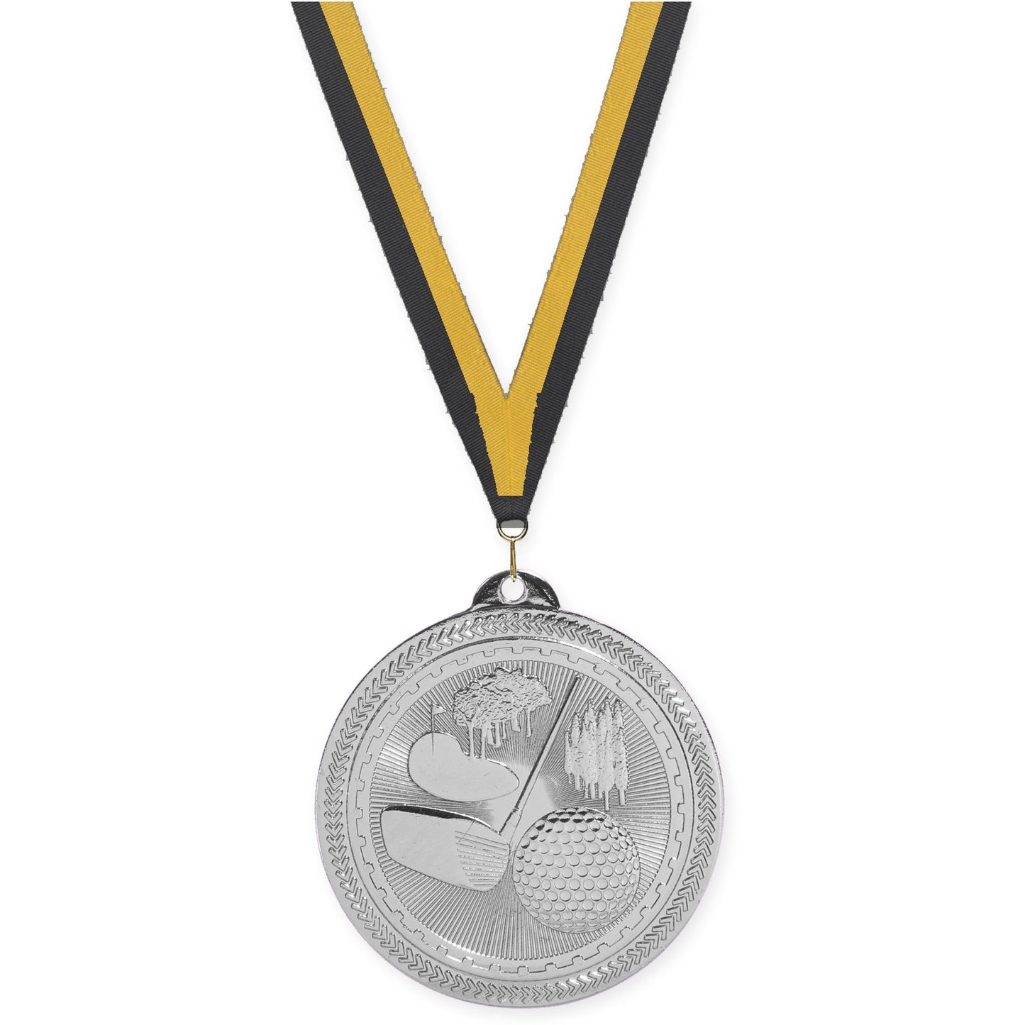 2 inch golf Sunburst medal in bright silver with Black Gold neck ribbon
