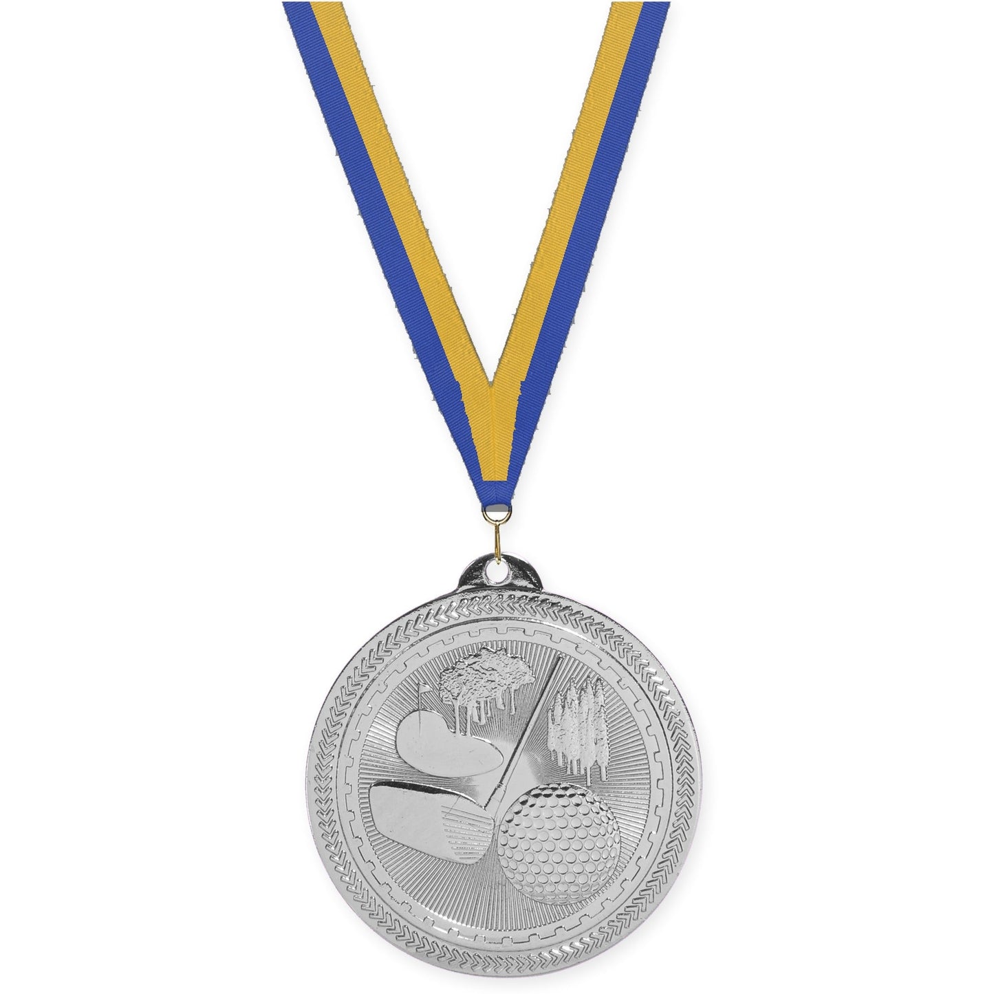 2 inch golf Sunburst medal in bright silver with Blue Gold neck ribbon