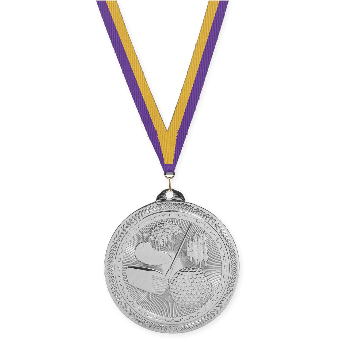 2 inch golf Sunburst medal in bright silver with Purple Gold neck ribbon