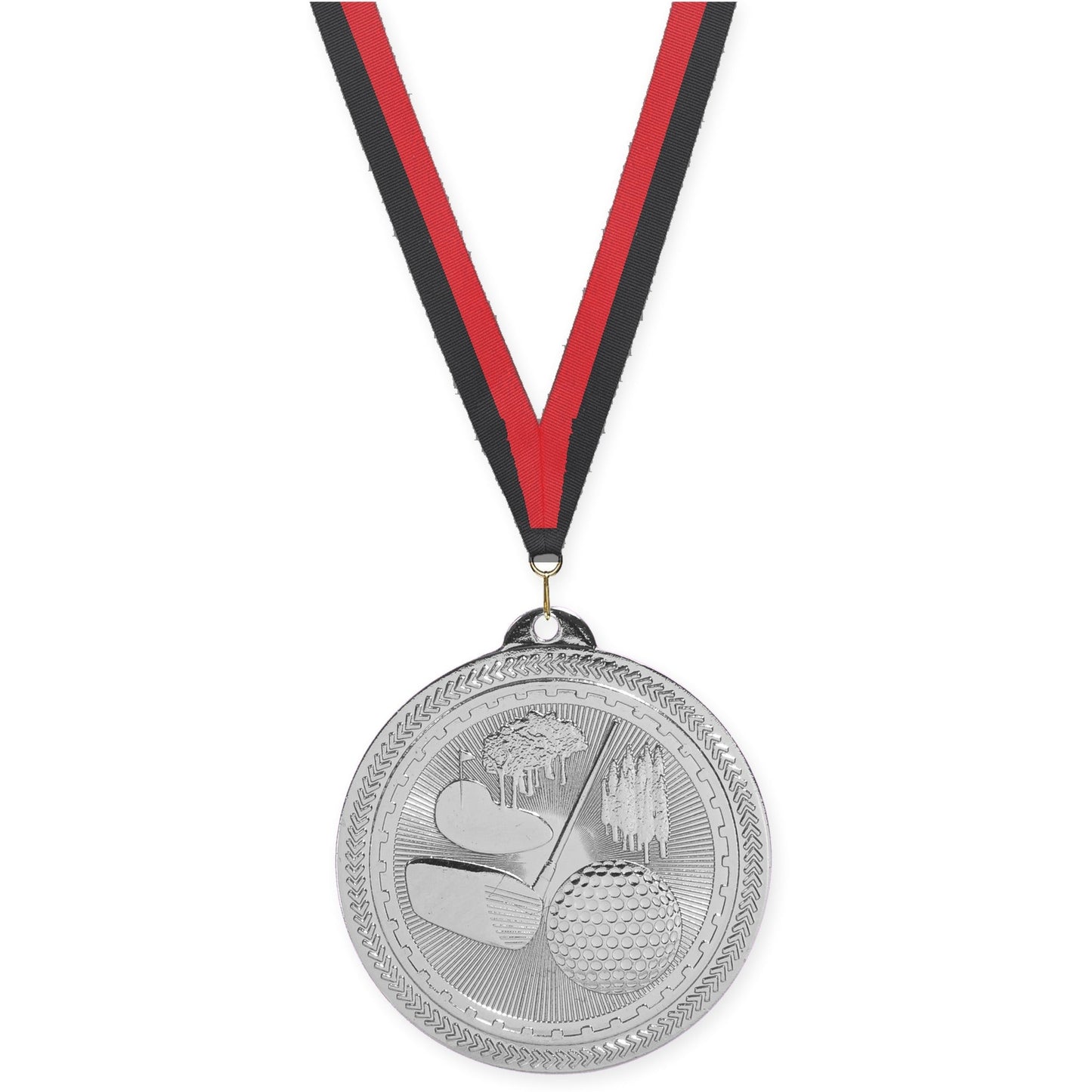 2 inch golf Sunburst medal in bright silver with Black Red neck ribbon