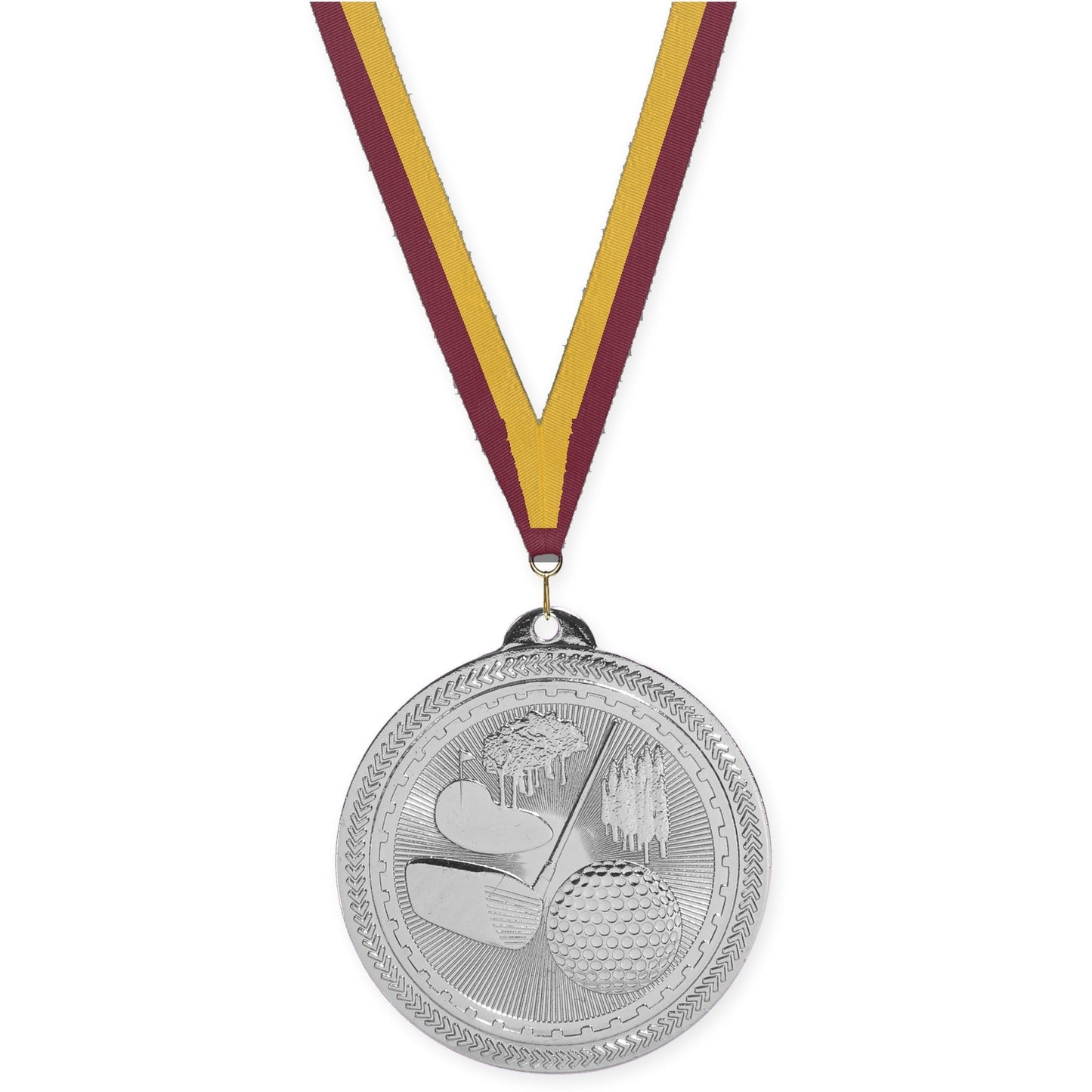 2 inch golf Sunburst medal in bright silver with Maroon Gold neck ribbon