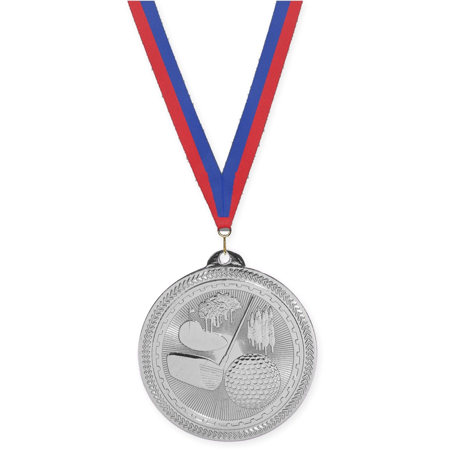 2 inch golf Sunburst medal in bright silver with Blue Red neck ribbon