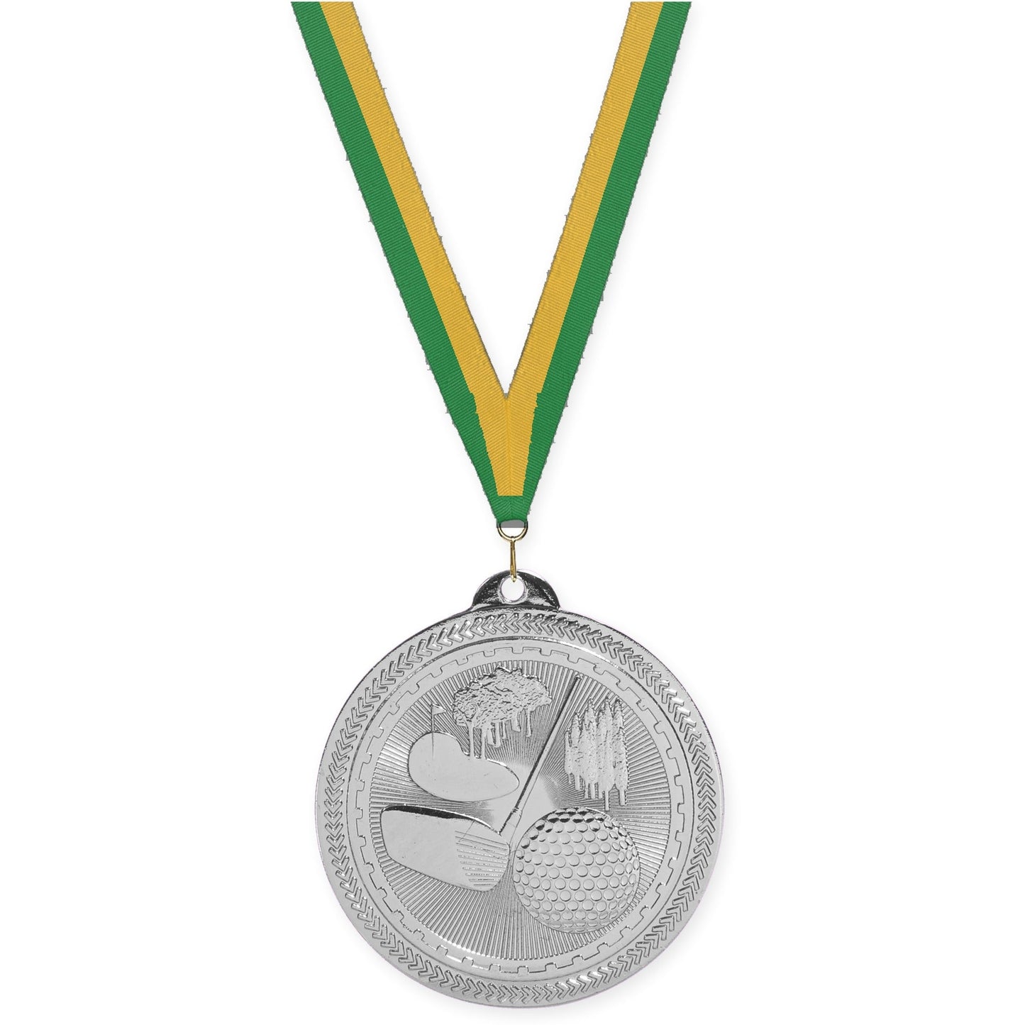 2 inch golf Sunburst medal in bright silver with Green Gold neck ribbon