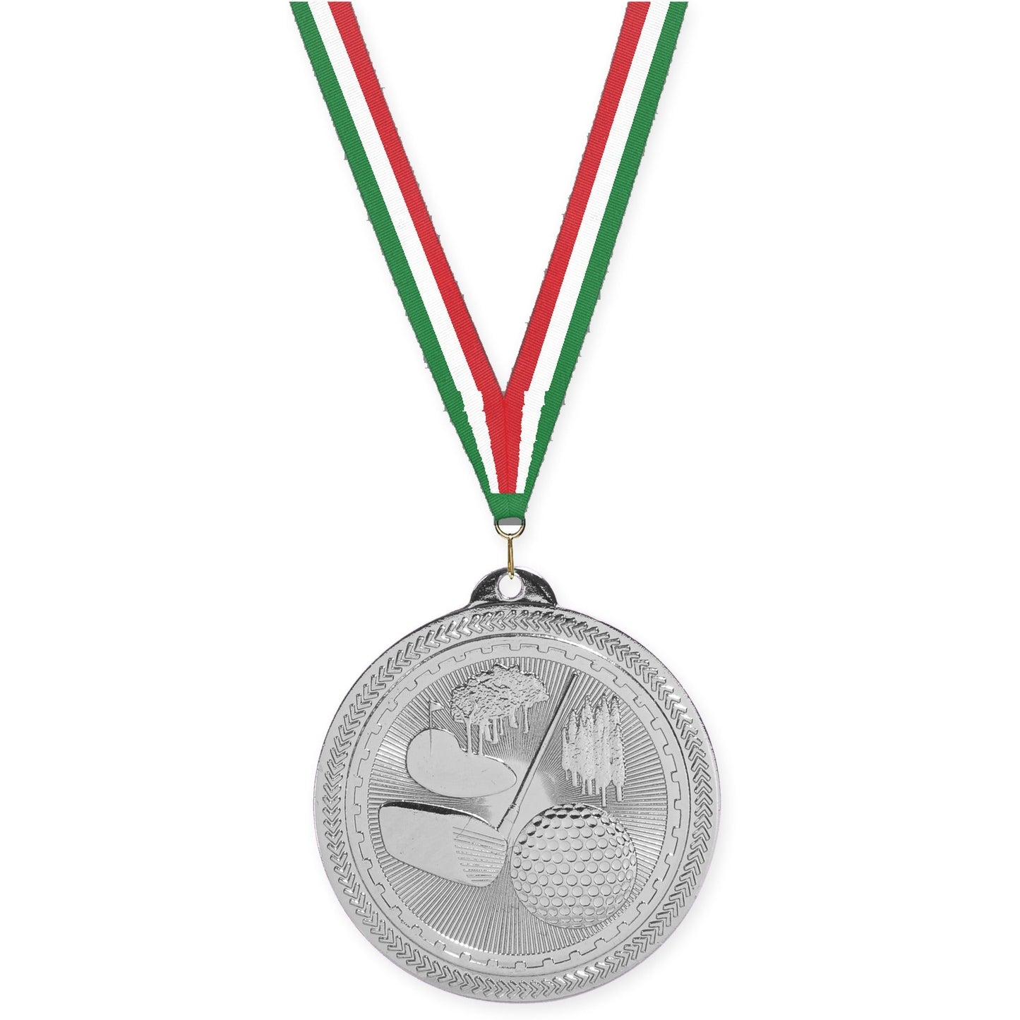 2 inch golf Sunburst medal in bright silver with Green White Red neck ribbon