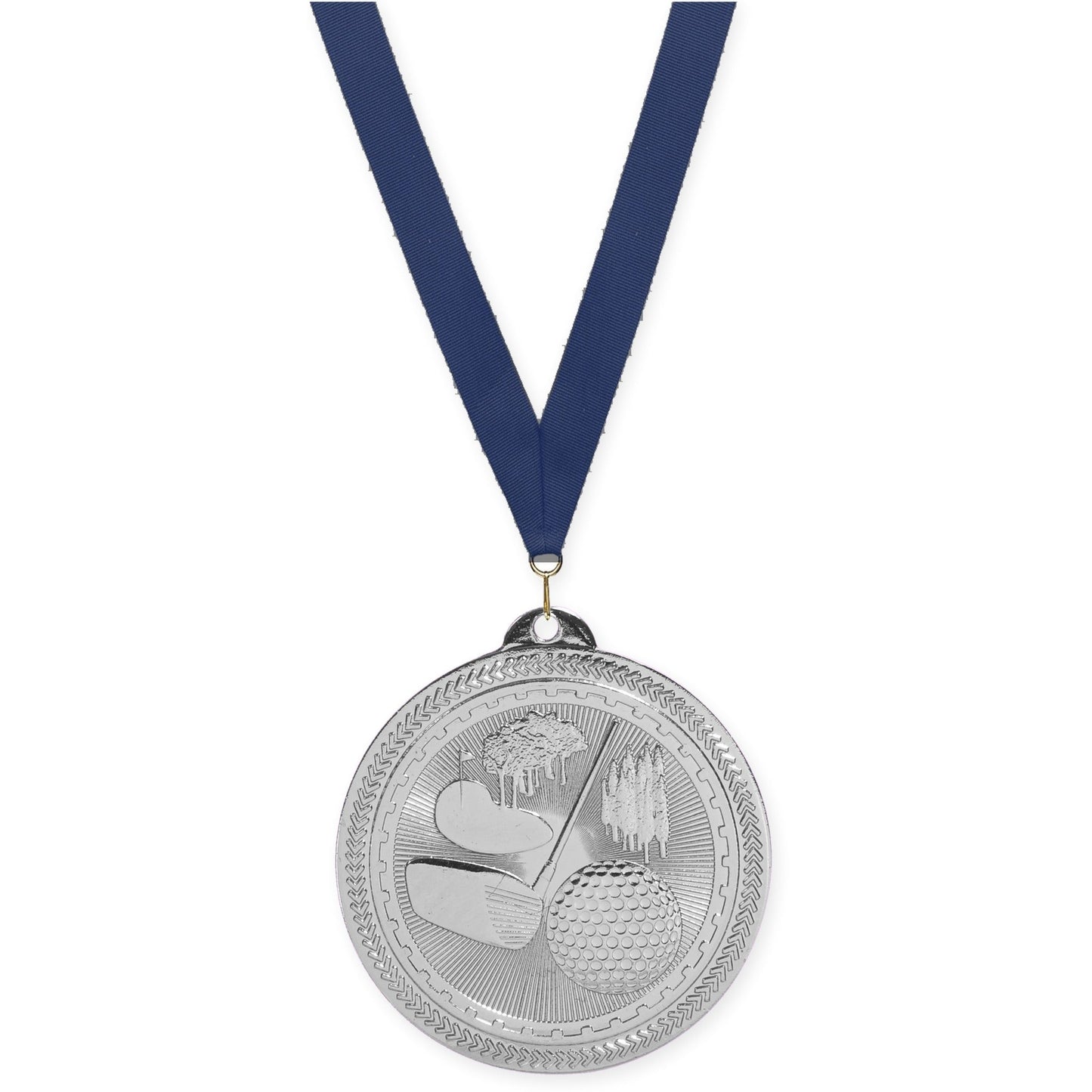 2 inch golf Sunburst medal in bright silver with Navy neck ribbon