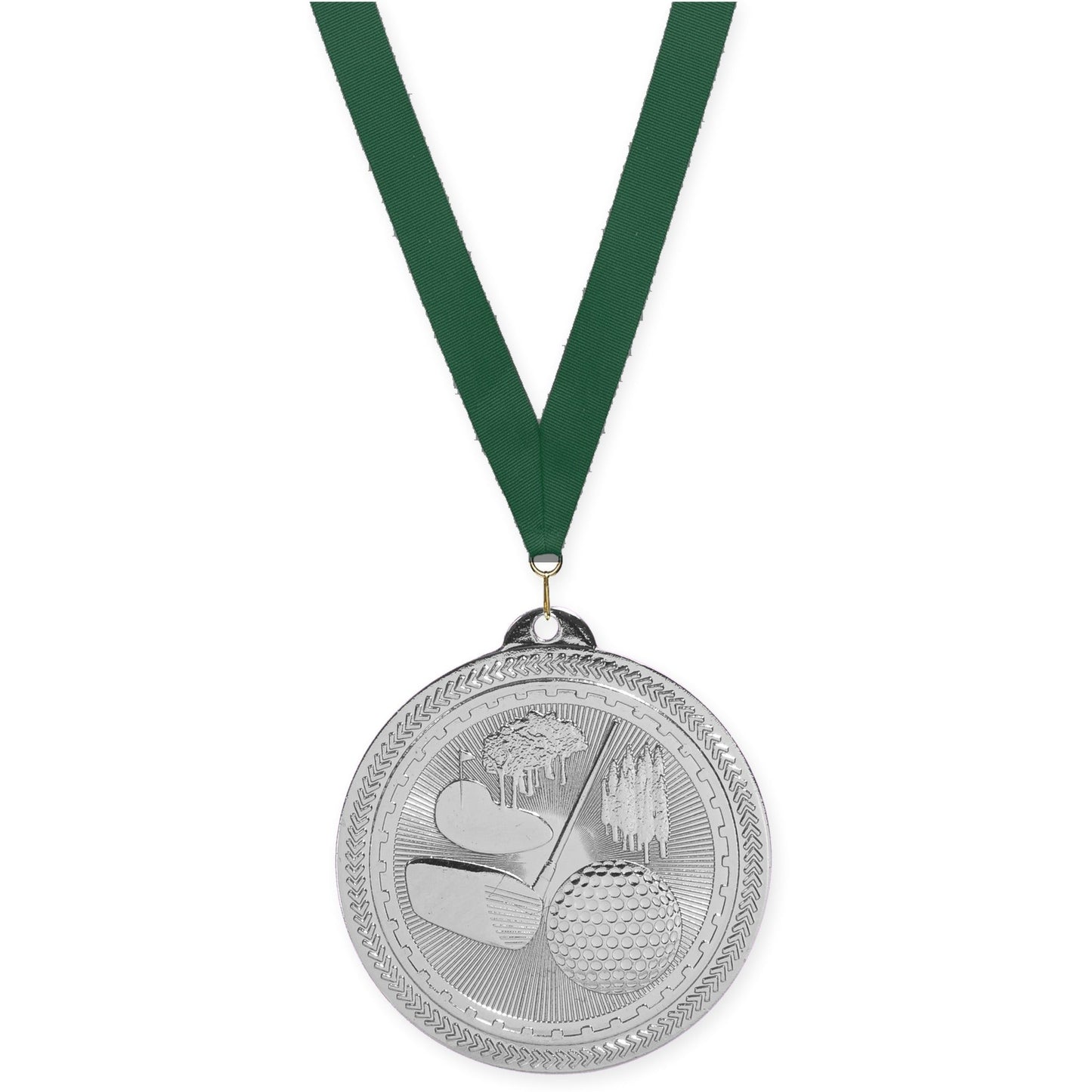 2 inch golf Sunburst medal in bright silver with Hunter Green neck ribbon