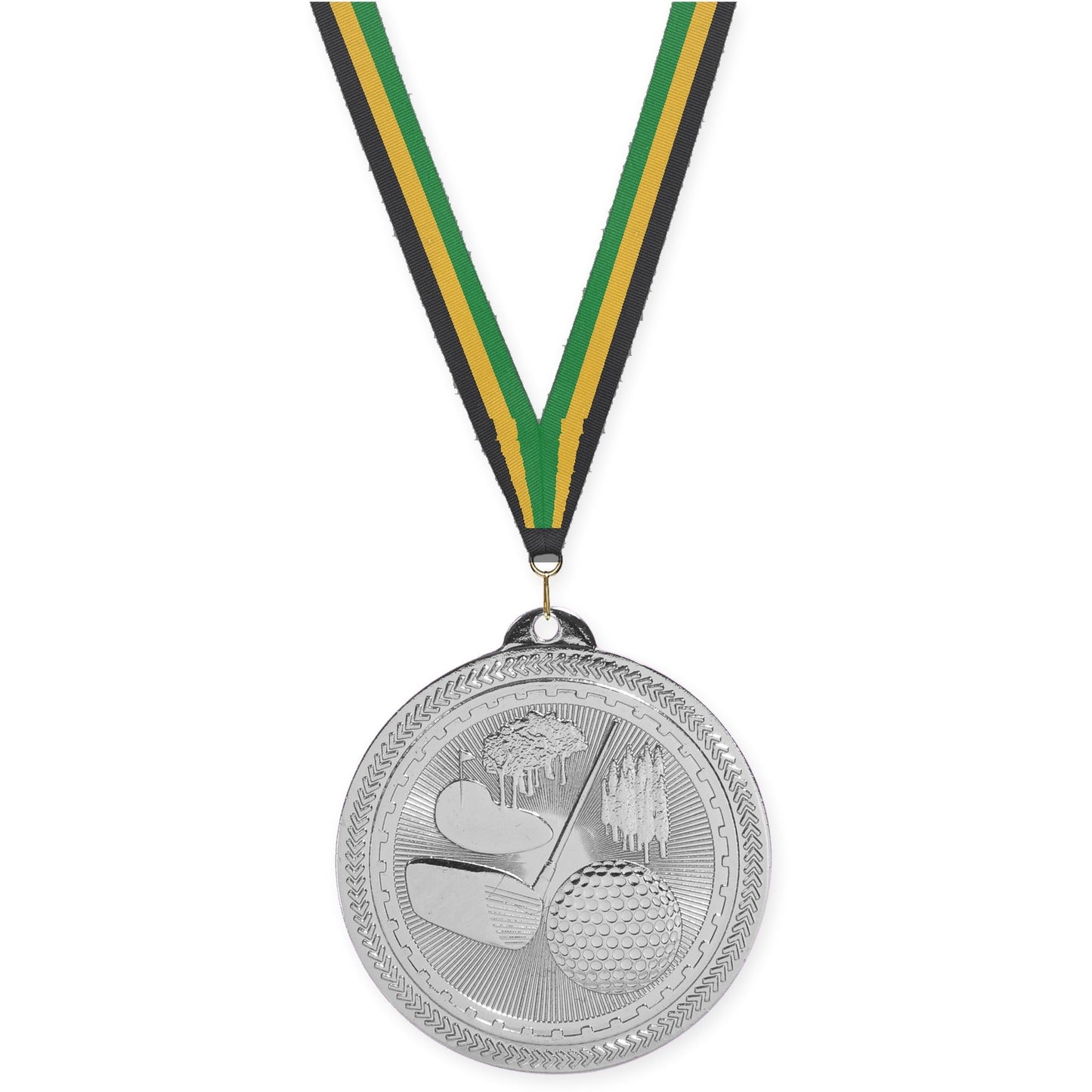 2 inch golf Sunburst medal in bright silver with Black Gold Green neck ribbon