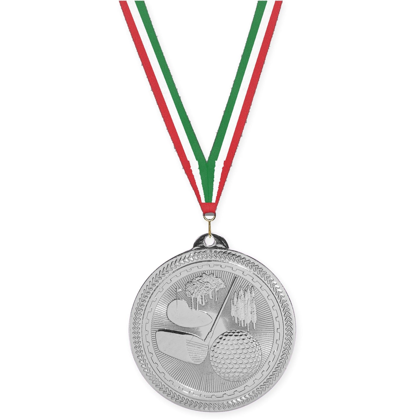 2 inch golf Sunburst medal in bright silver with Red White Green neck ribbon