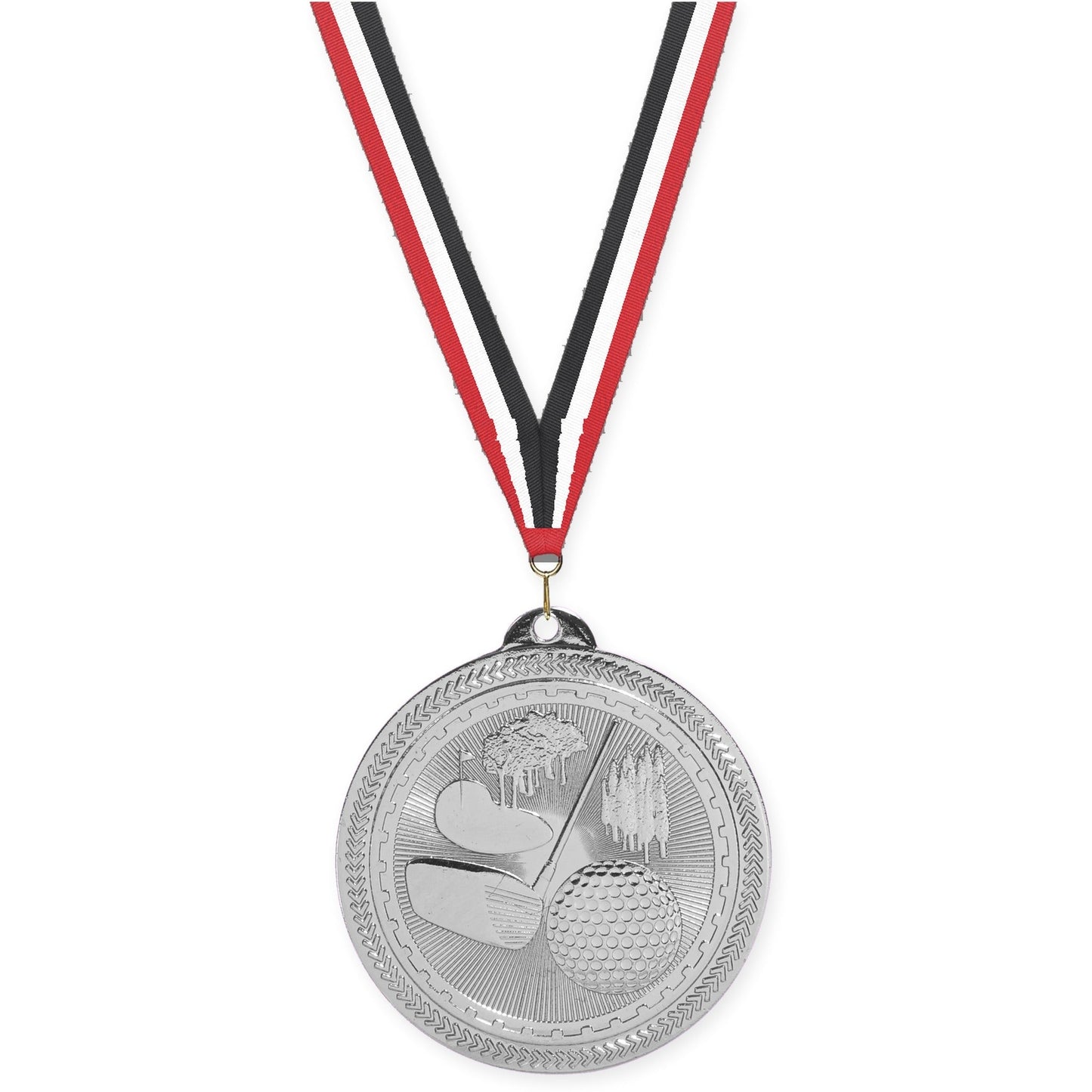 2 inch golf Sunburst medal in bright silver with Red White Black neck ribbon