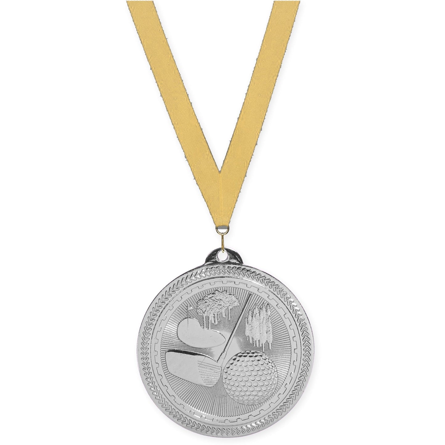 2 inch golf Sunburst medal in bright silver with Gold Metallic neck ribbon