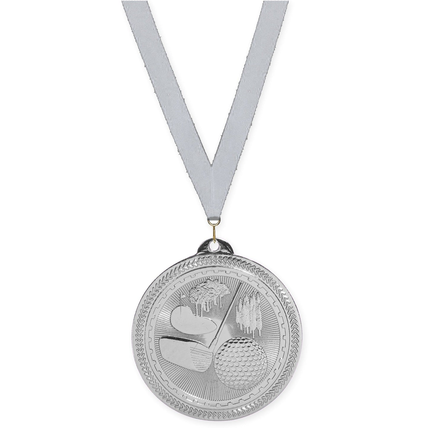 2 inch golf Sunburst medal in bright silver with Silver Metallic neck ribbon