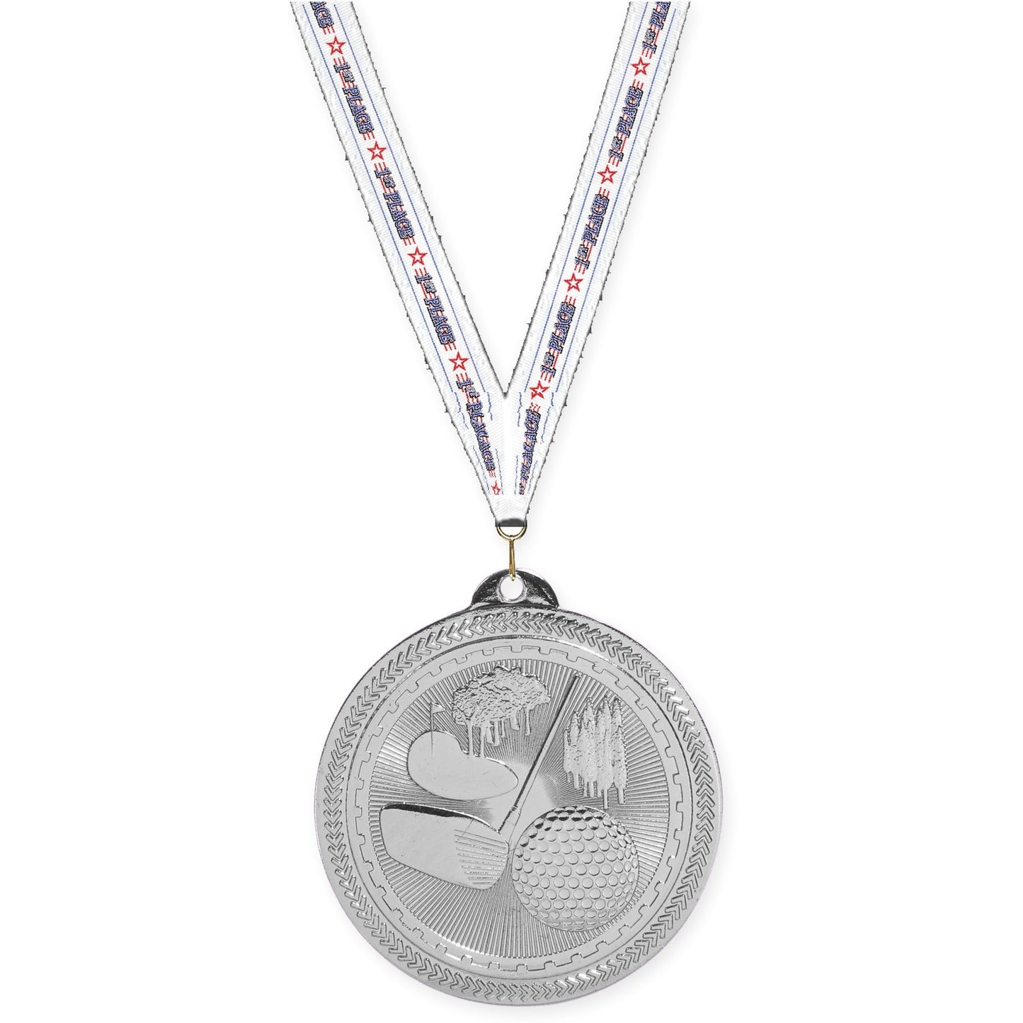 2 inch golf Sunburst medal in bright silver with 1st Place neck ribbon