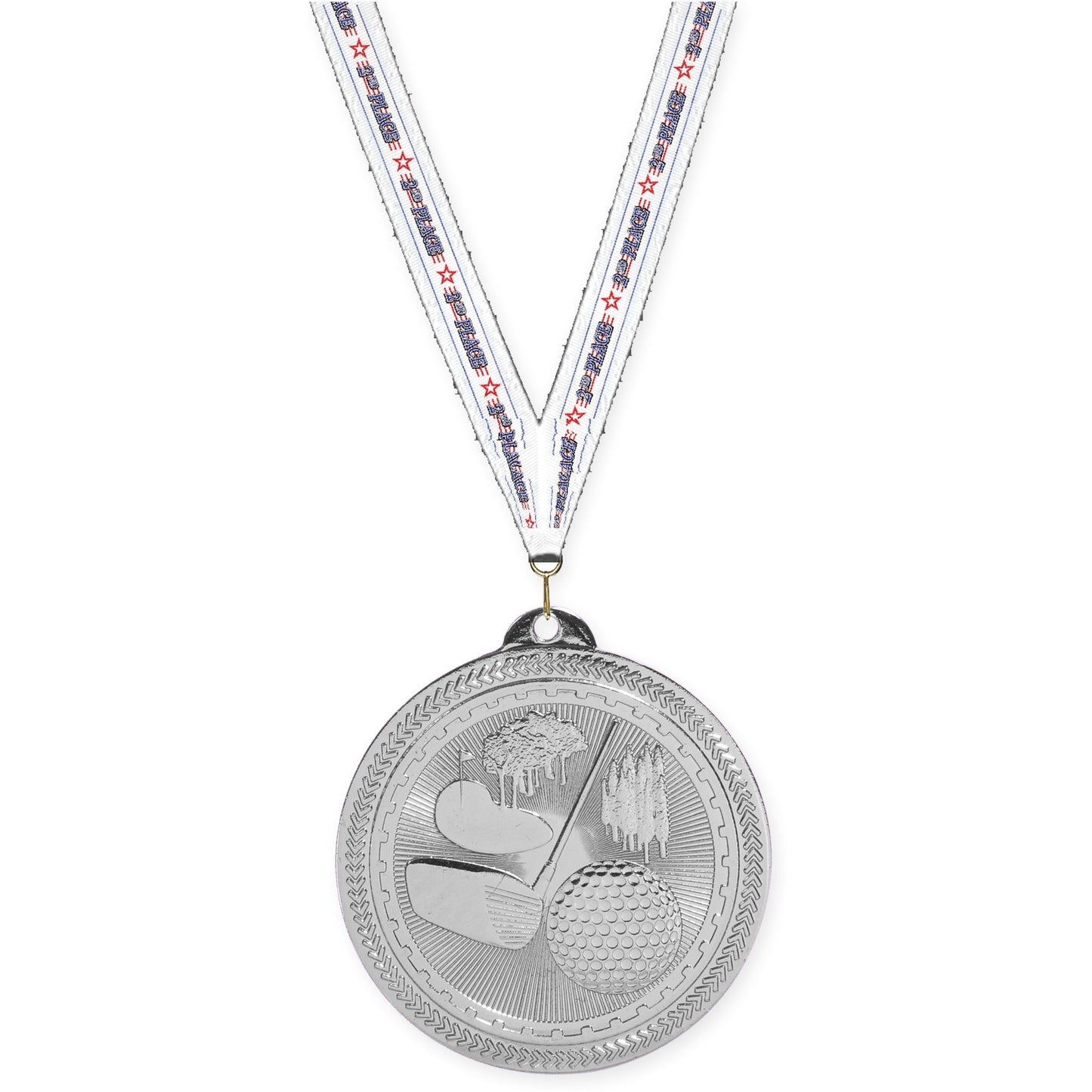 2 inch golf Sunburst medal in bright silver with 2nd Place neck ribbon