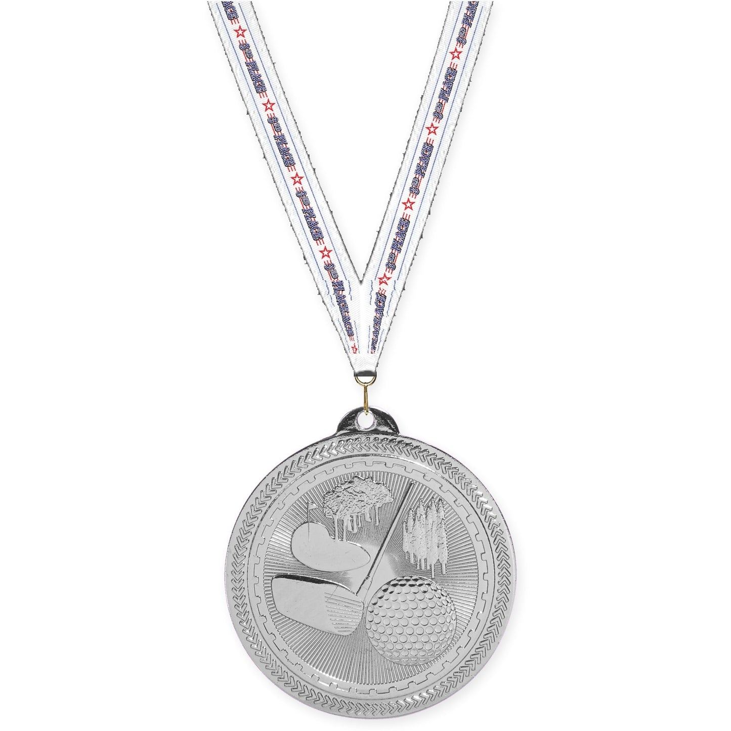 2 inch golf Sunburst medal in bright silver with 3rd Place neck ribbon