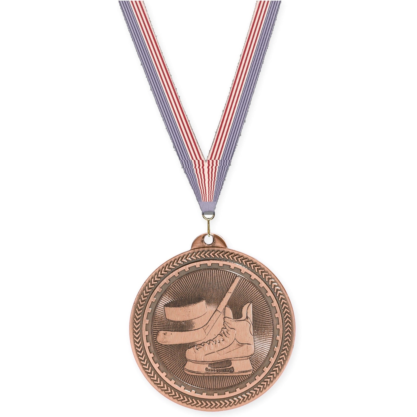 2 inch hockey Sunburst medal in antique bronze with USA Flag neck ribbon