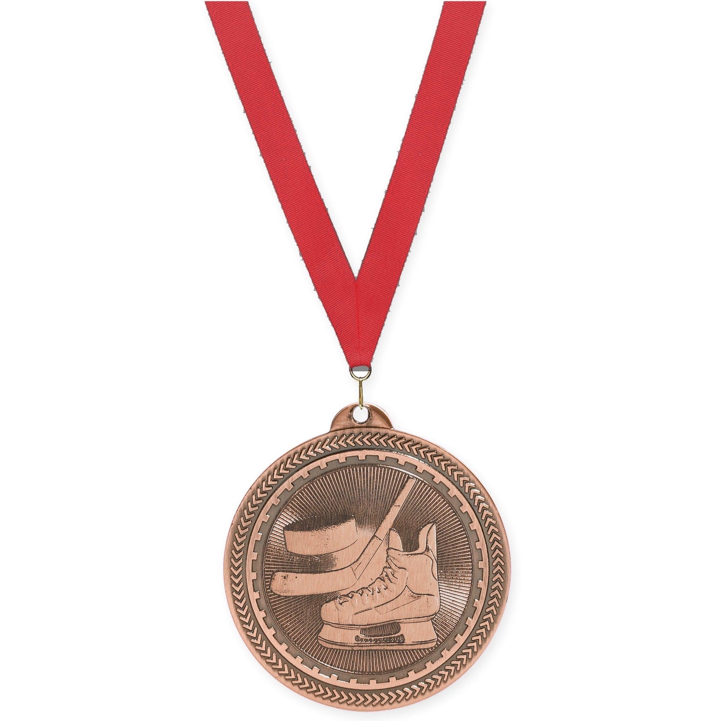 2 inch hockey Sunburst medal in antique bronze with Red neck ribbon