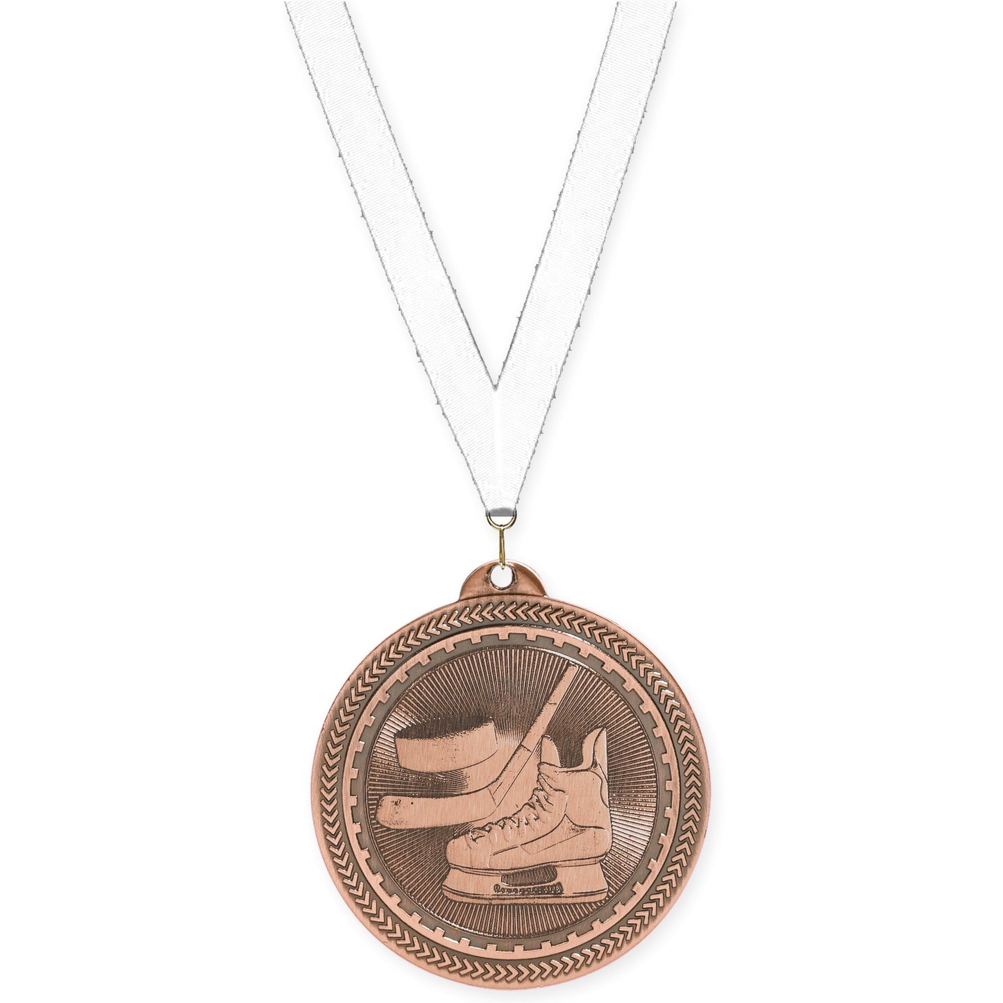2 inch hockey Sunburst medal in antique bronze with White neck ribbon