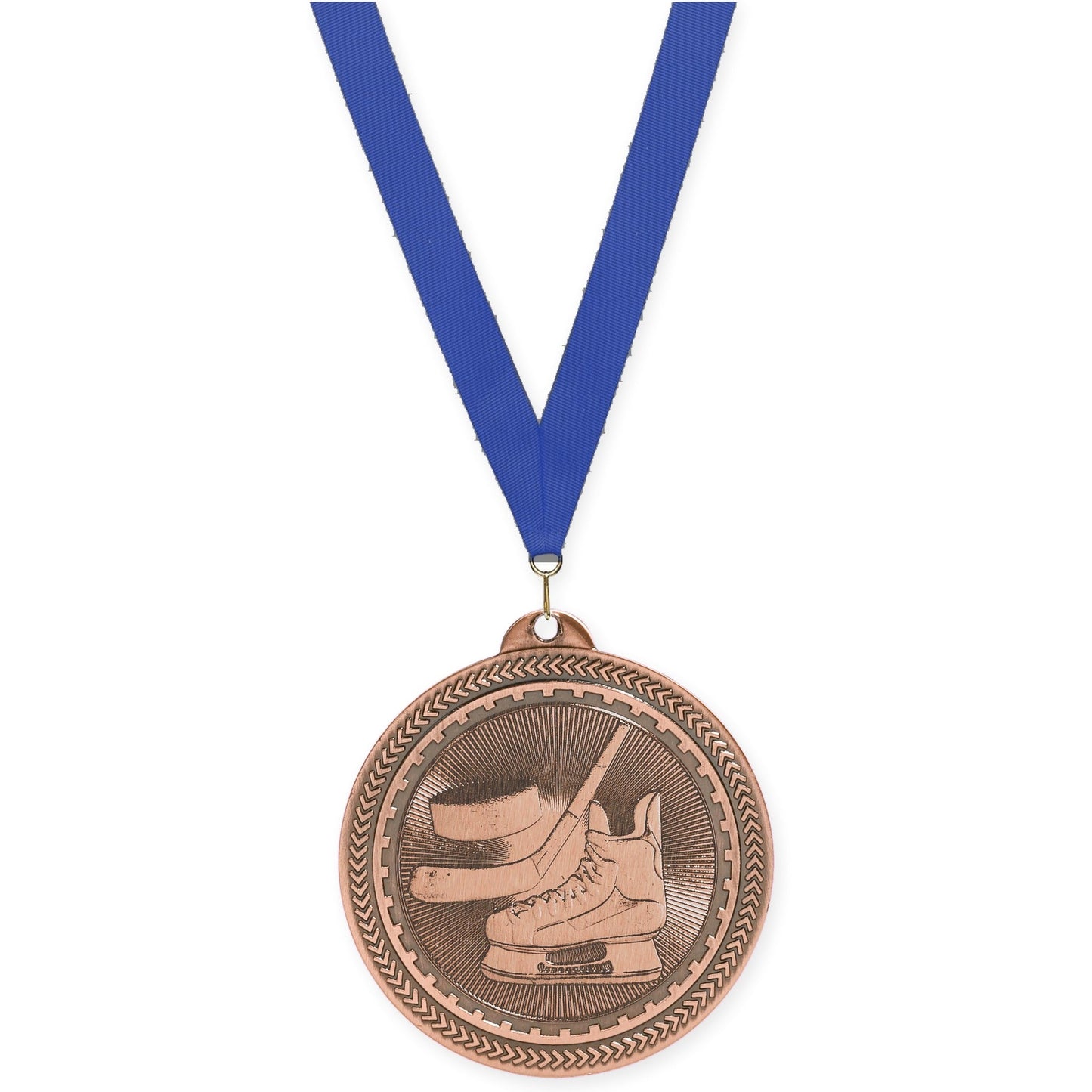 2 inch hockey Sunburst medal in antique bronze with Blue neck ribbon