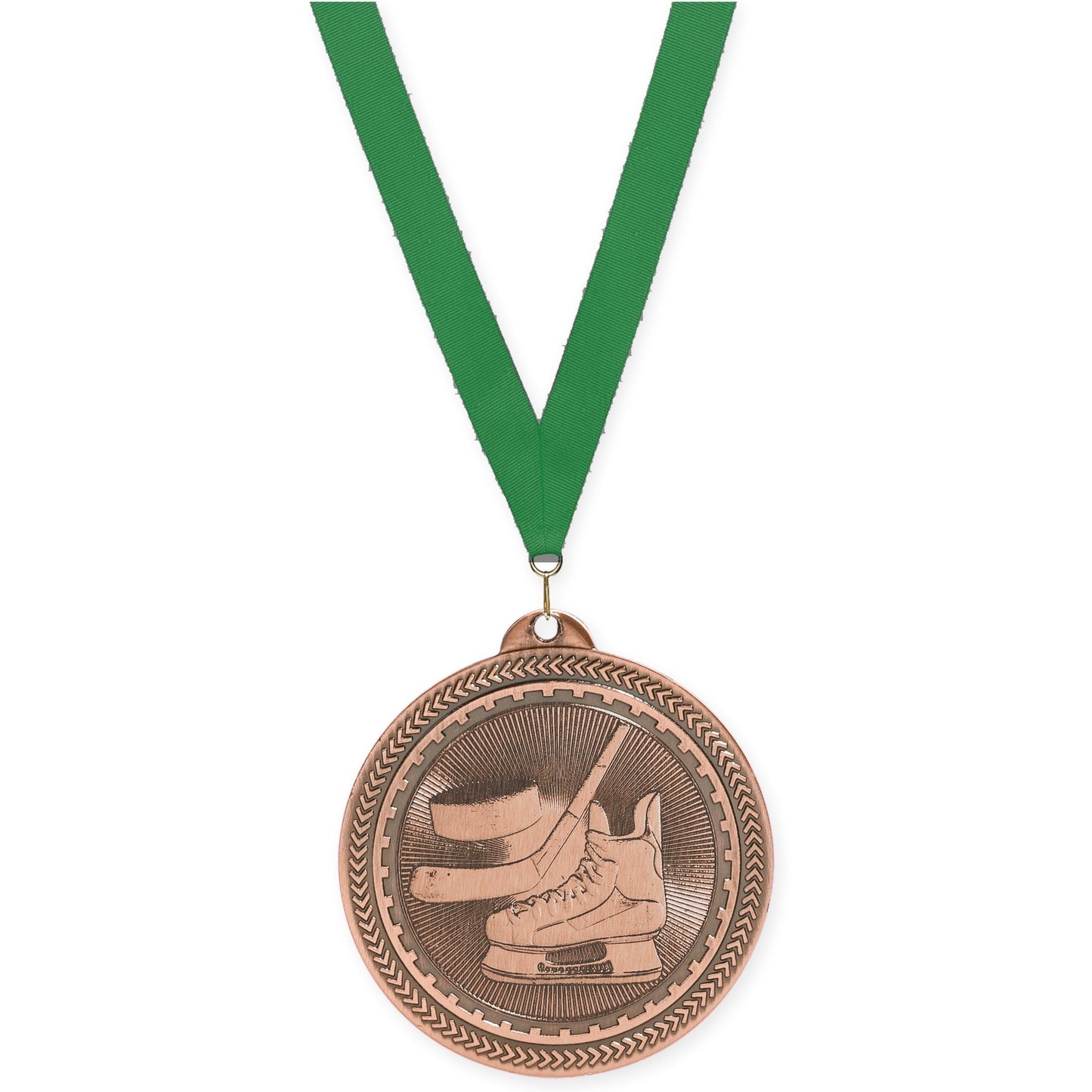 2 inch hockey Sunburst medal in antique bronze with Green neck ribbon