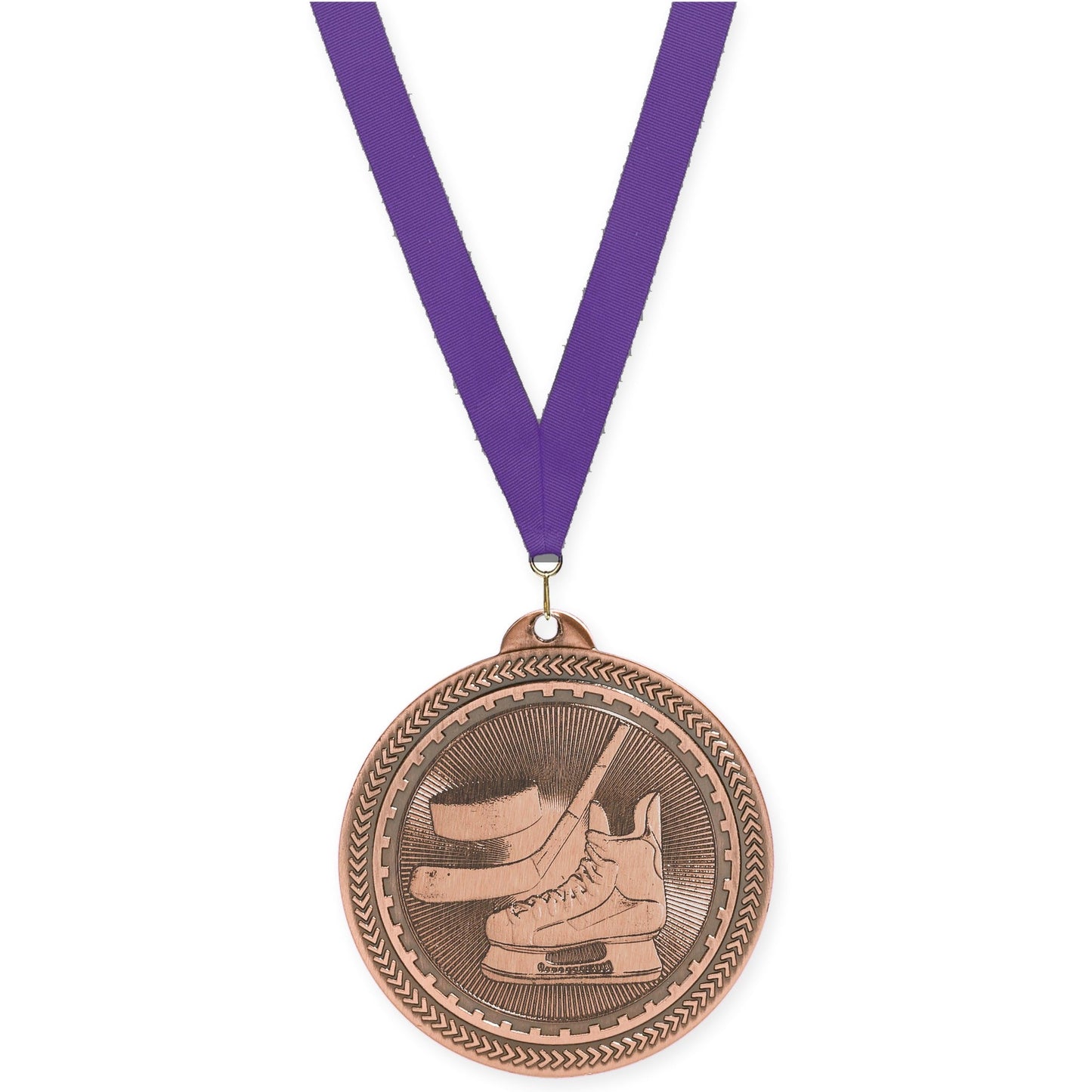 2 inch hockey Sunburst medal in antique bronze with Purple neck ribbon