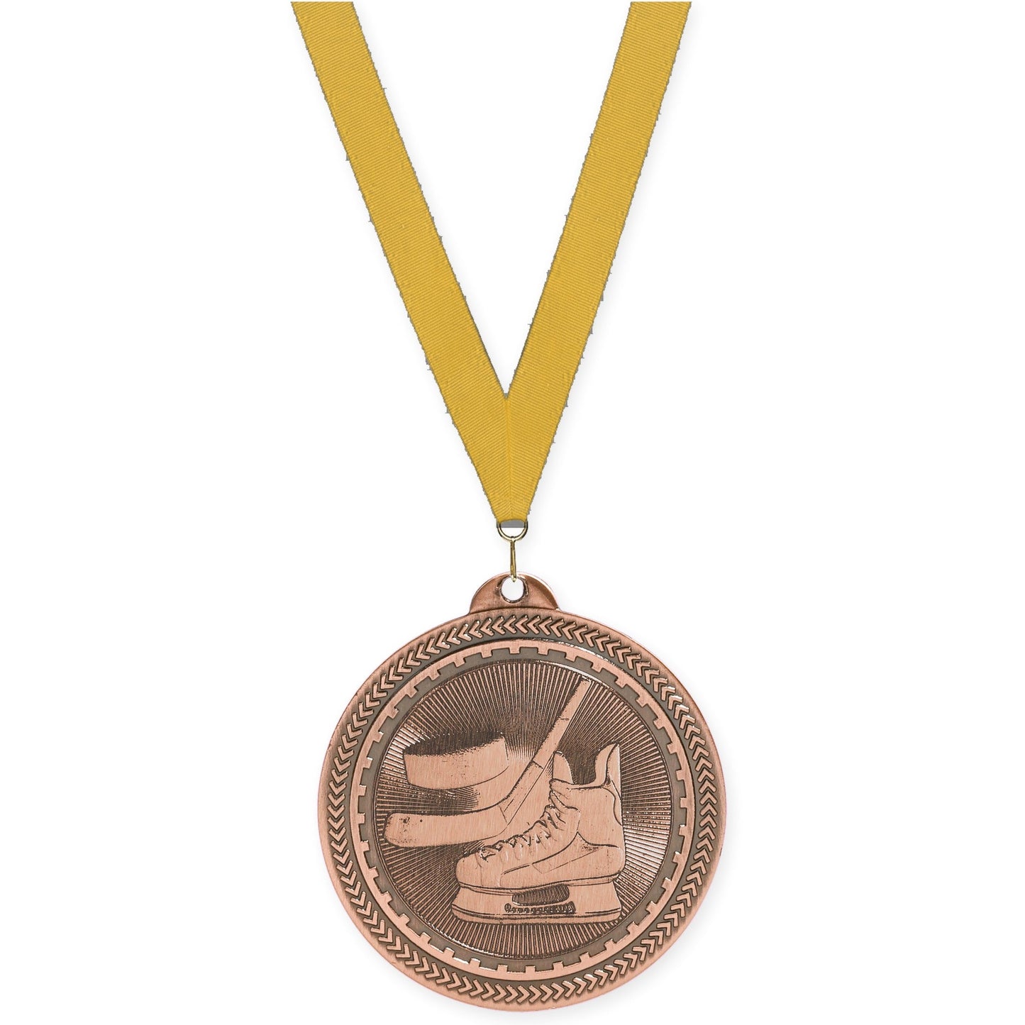 2 inch hockey Sunburst medal in antique bronze with Gold neck ribbon