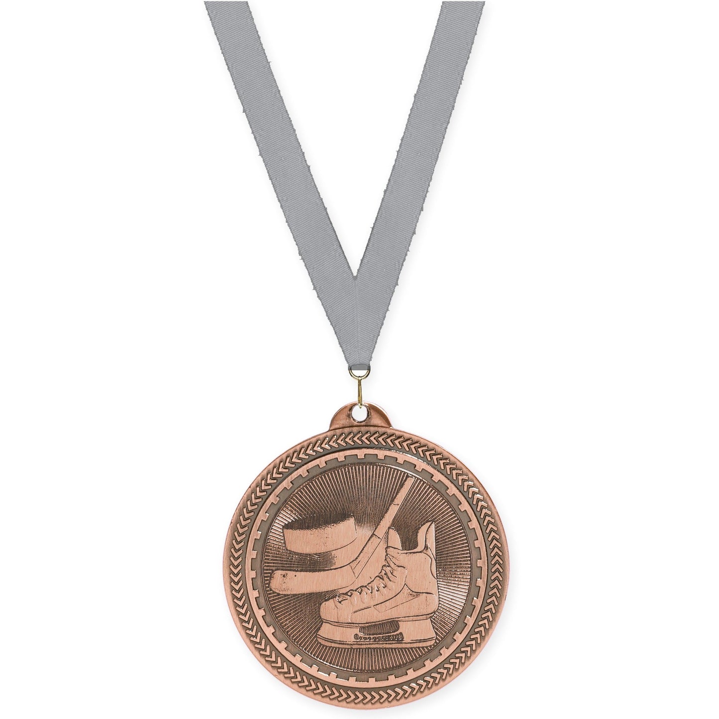 2 inch hockey Sunburst medal in antique bronze with Gray neck ribbon