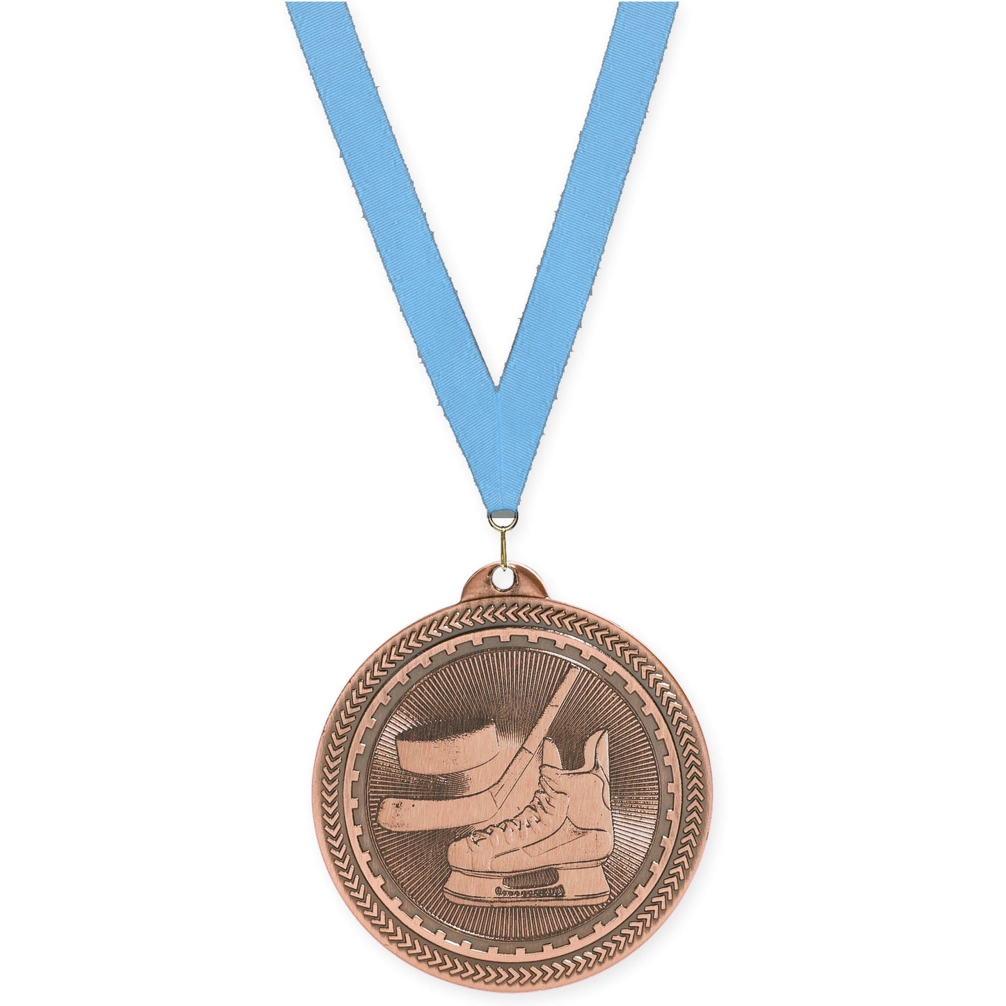 2 inch hockey Sunburst medal in antique bronze with Light Blue neck ribbon