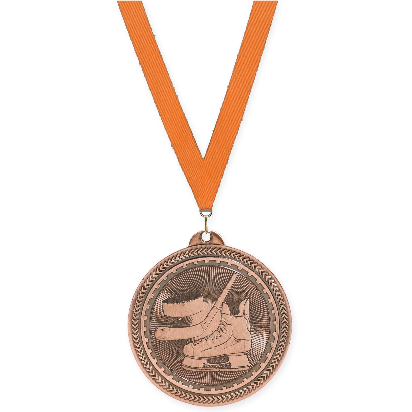 2 inch hockey Sunburst medal in antique bronze with Orange neck ribbon
