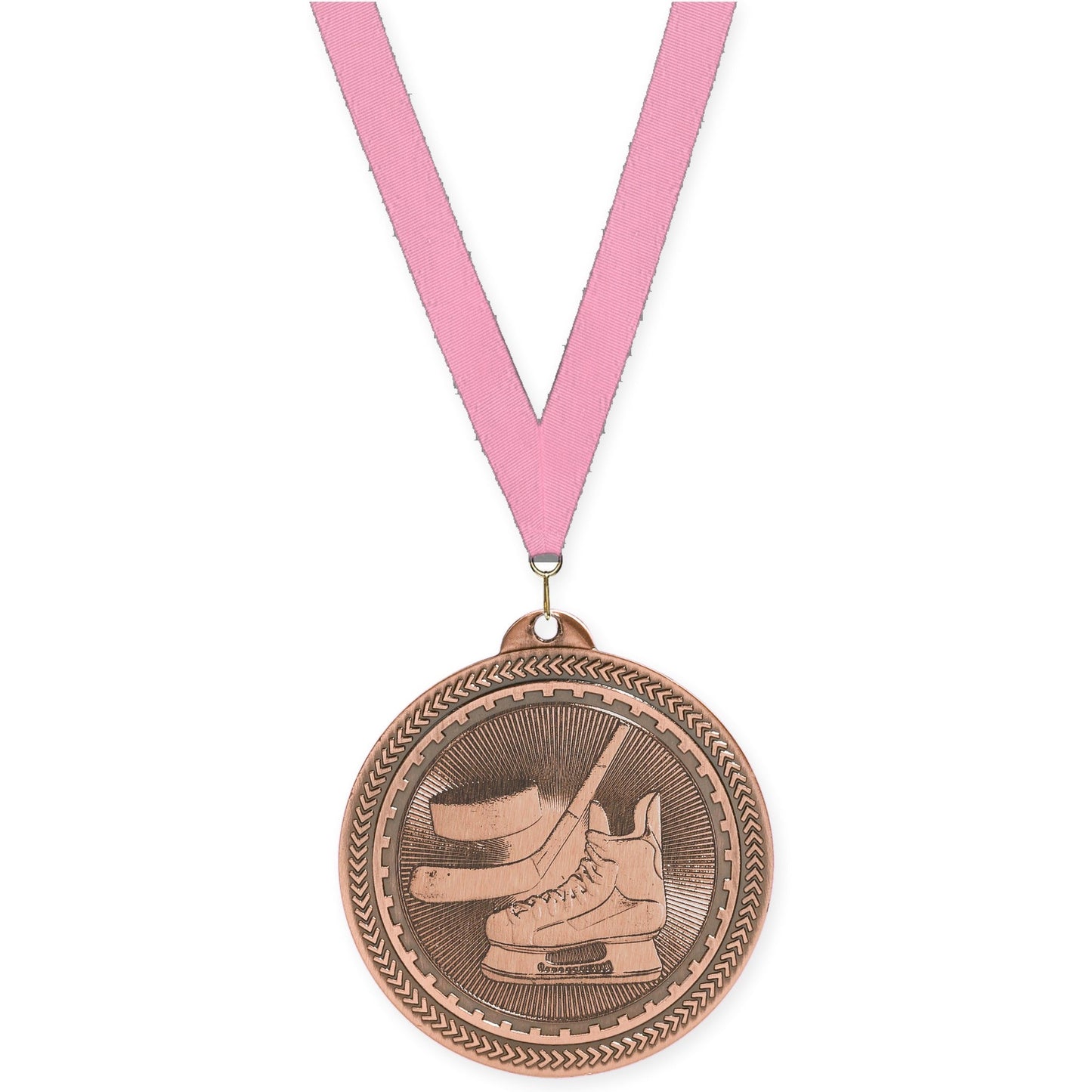 2 inch hockey Sunburst medal in antique bronze with Pink neck ribbon