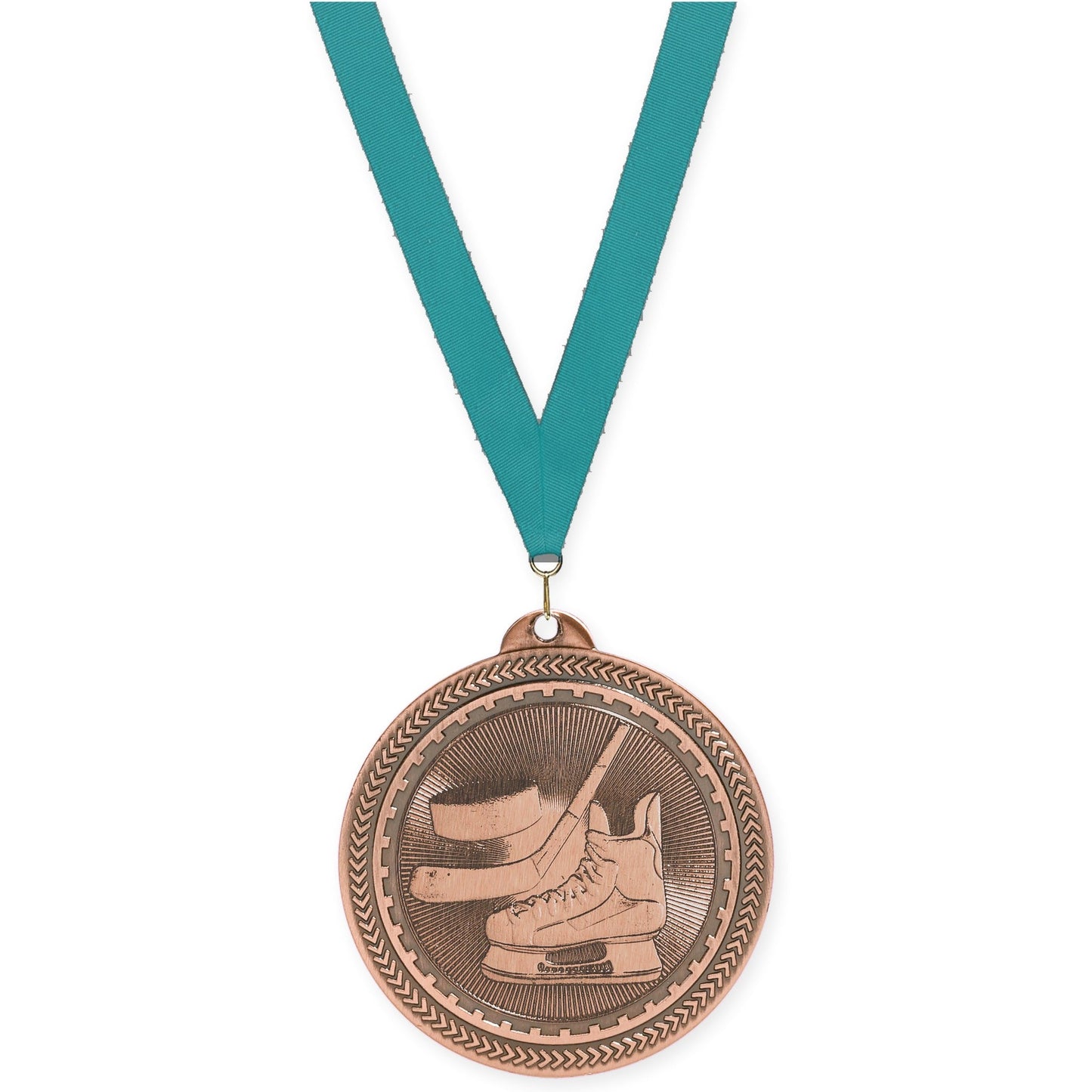2 inch hockey Sunburst medal in antique bronze with Teal neck ribbon