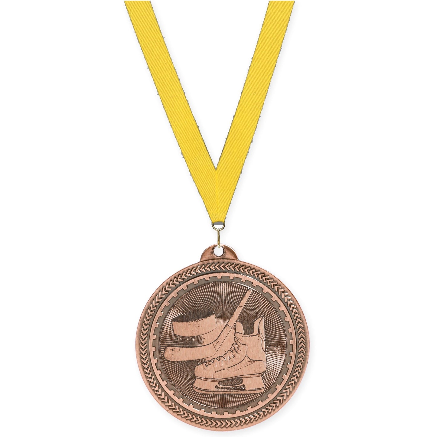 2 inch hockey Sunburst medal in antique bronze with Yellow neck ribbon