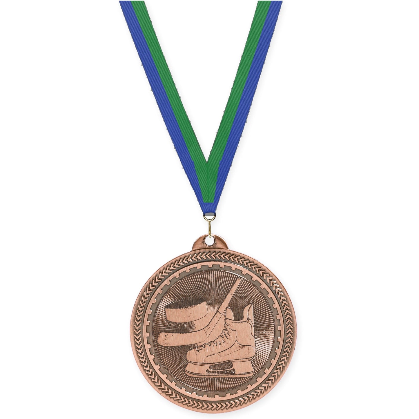 2 inch hockey Sunburst medal in antique bronze with Blue Green neck ribbon