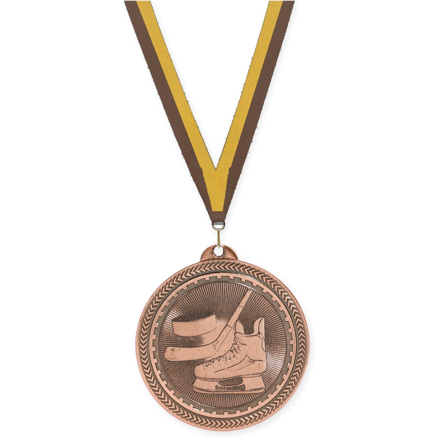 2 inch hockey Sunburst medal in antique bronze with Brown Gold neck ribbon