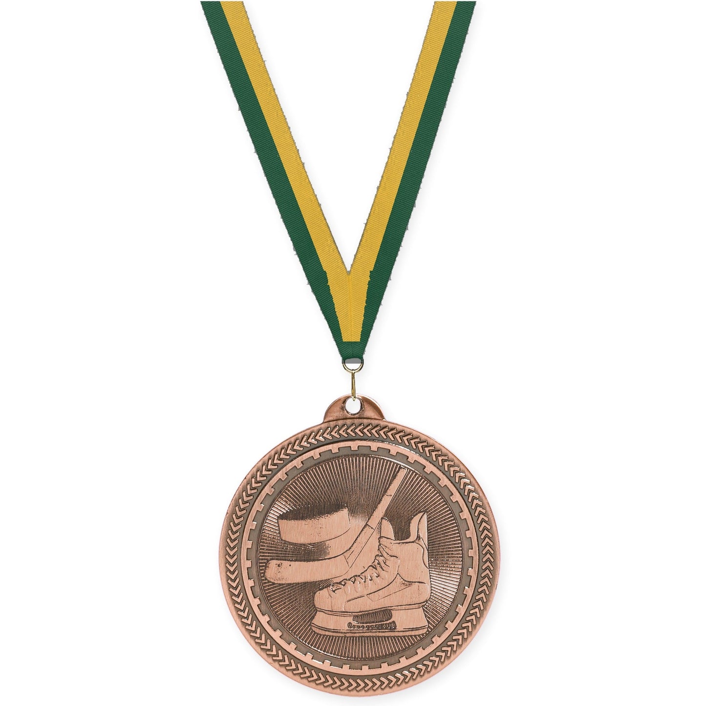2 inch hockey Sunburst medal in antique bronze with Hunter Green Gold neck ribbon