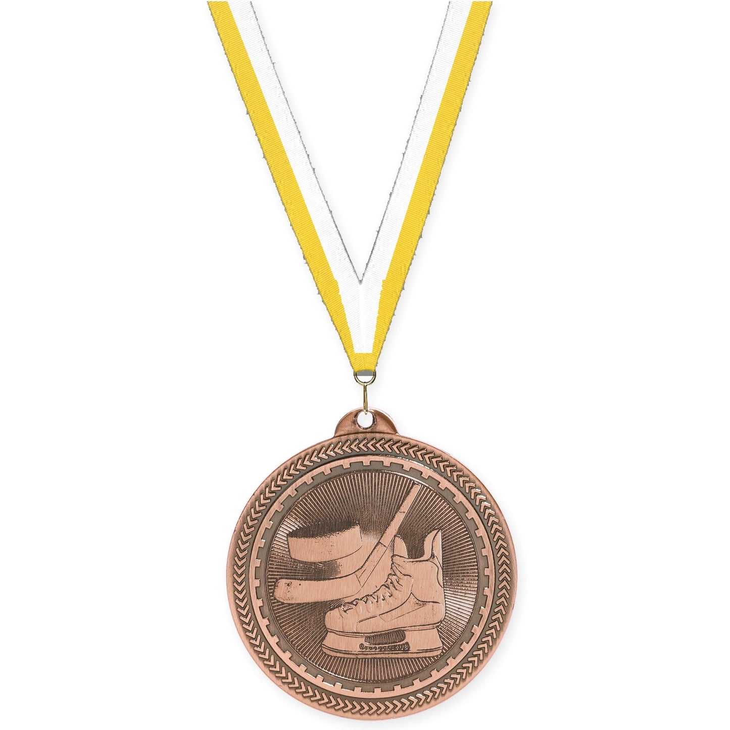 2 inch hockey Sunburst medal in antique bronze with Yellow White neck ribbon