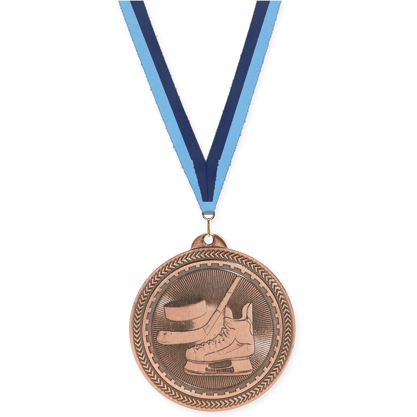 2 inch hockey Sunburst medal in antique bronze with Light Blue Navy neck ribbon