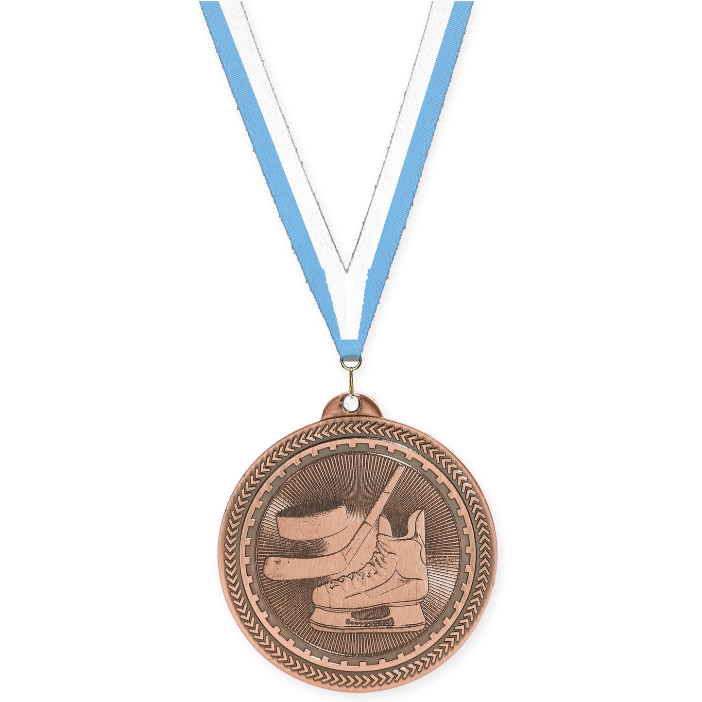 2 inch hockey Sunburst medal in antique bronze with Light Blue White neck ribbon